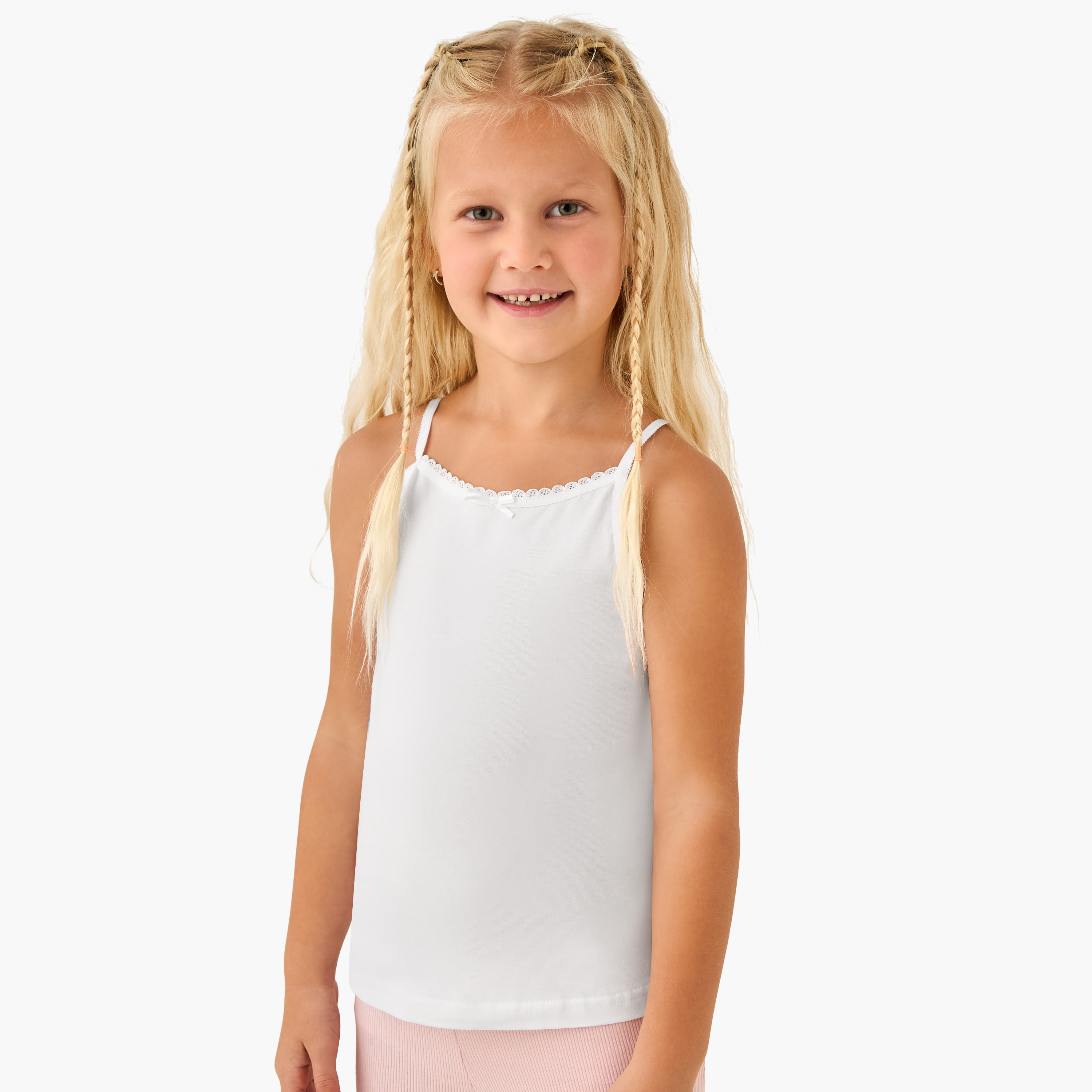 Pack of 5 Juniors Cotton Round Neck Vest with Lace and Bow Detail-girls-clothing-innerwear-vests-image-2