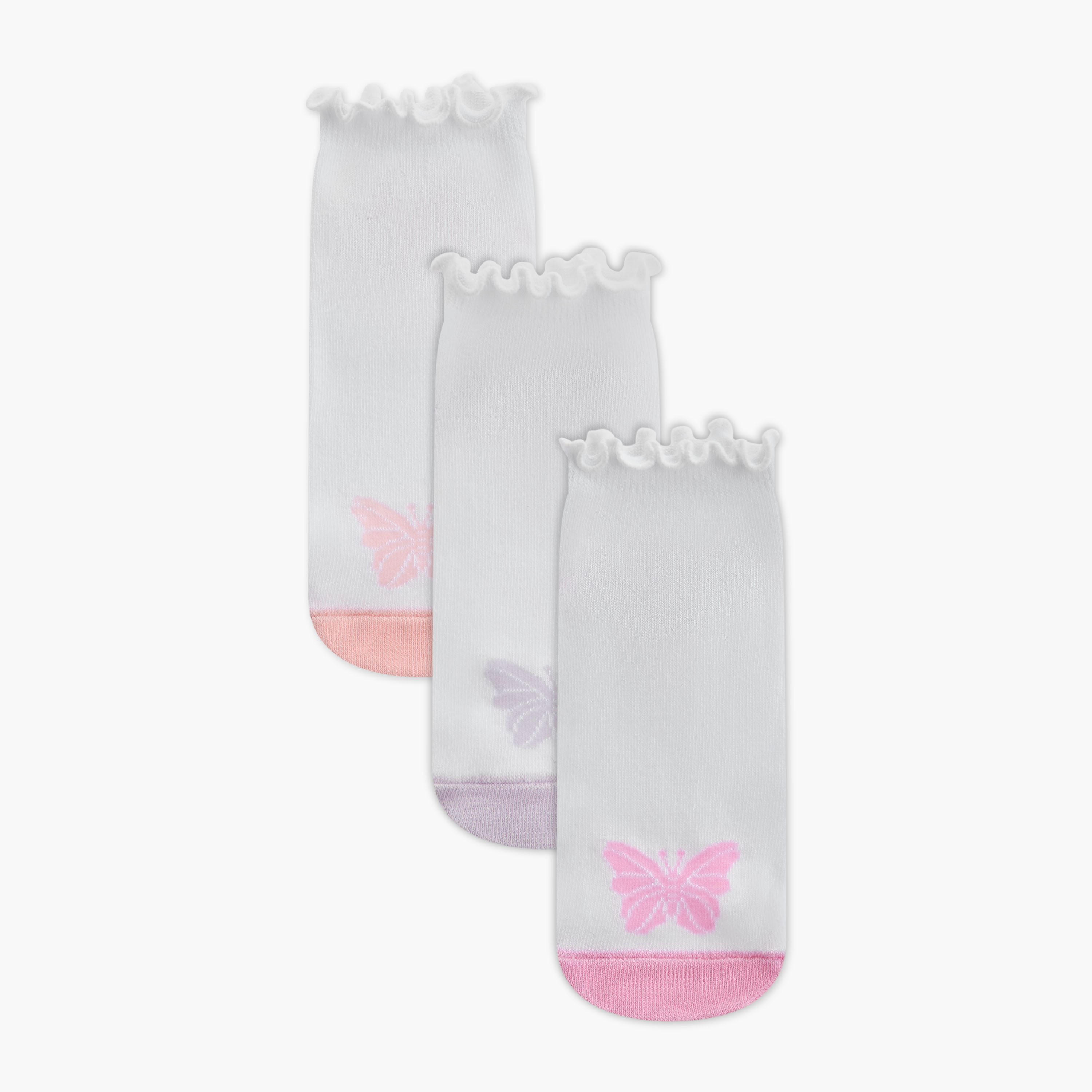 Juniors Butterfly Print Ankle Length Socks - Set of 3-girls-accessories-socks-image-1