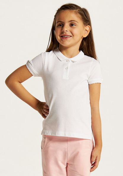 Juniors Solid Polo T-shirt with Scalloped Detail and Short Sleeves-Tops-image-1