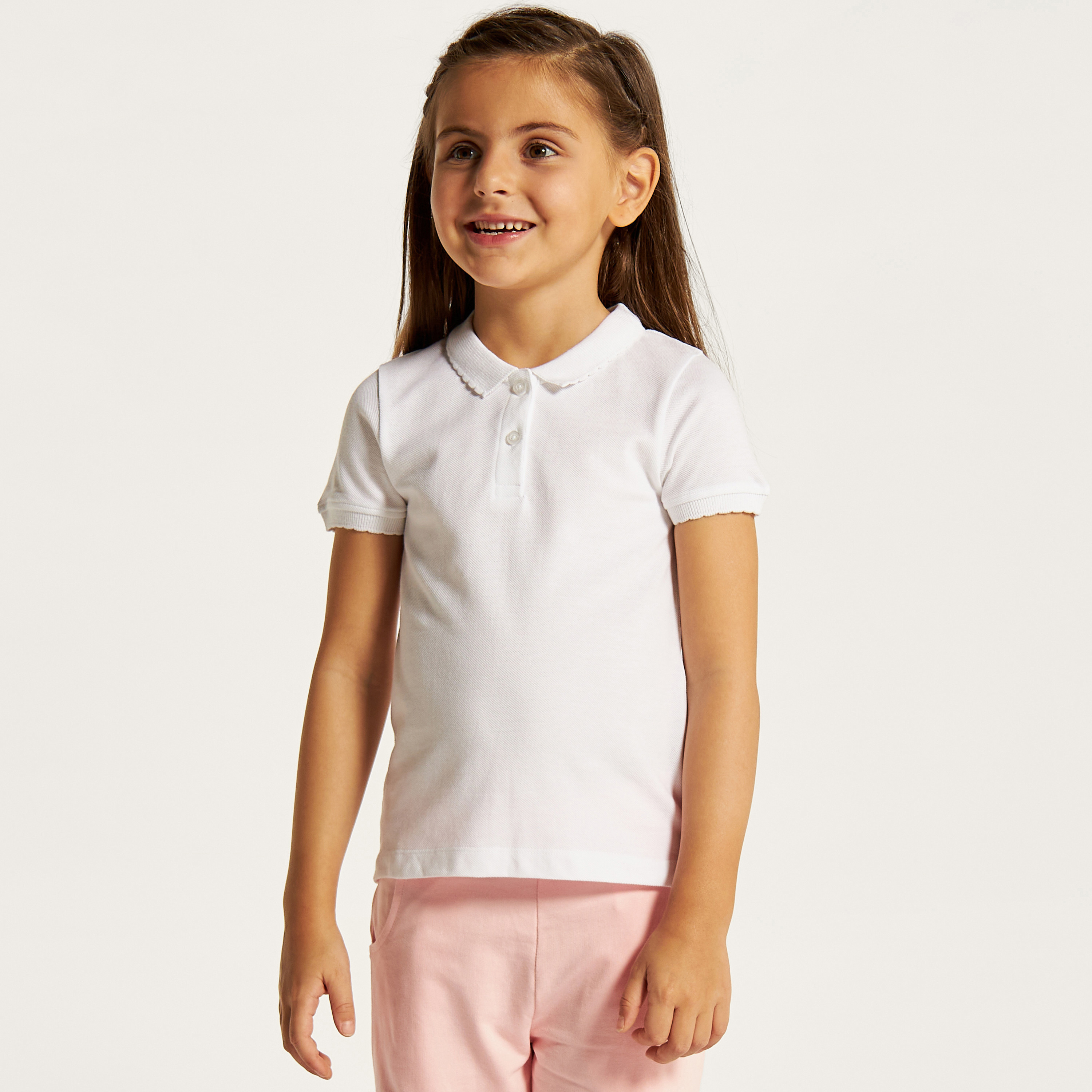 تيشيرت بولو سادة بأكمام قصيرة وتفاصيل صدفية من جونيورز-girls-clothing-tshirts-image-3