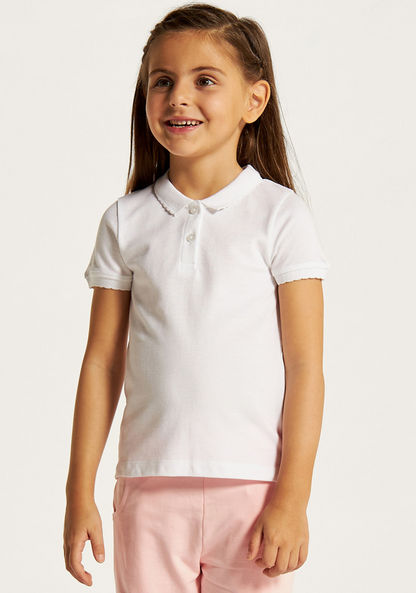 Juniors Solid Polo T-shirt with Scalloped Detail and Short Sleeves-Tops-image-2