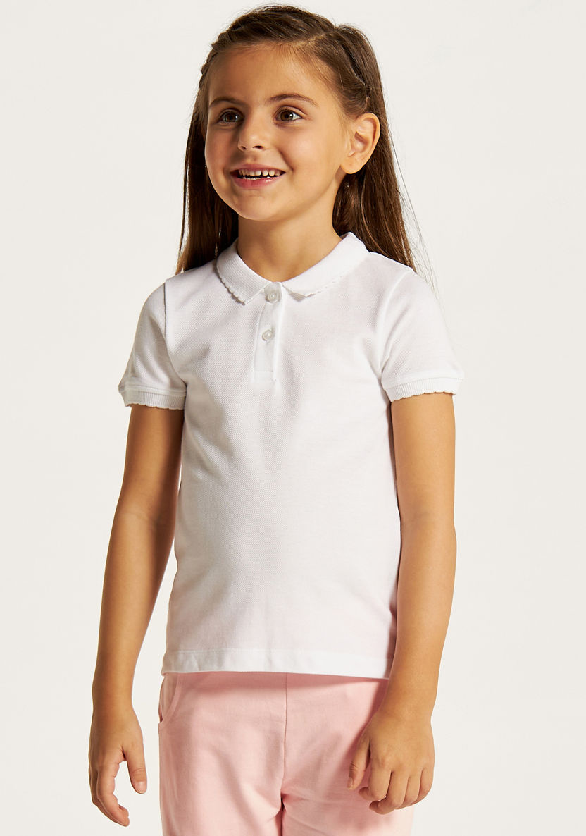 Juniors Solid Polo T-shirt with Scalloped Detail and Short Sleeves-Tops-image-2
