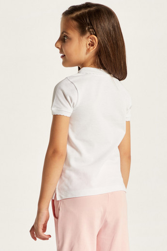 Juniors Solid Polo T-shirt with Scalloped Detail and Short Sleeves