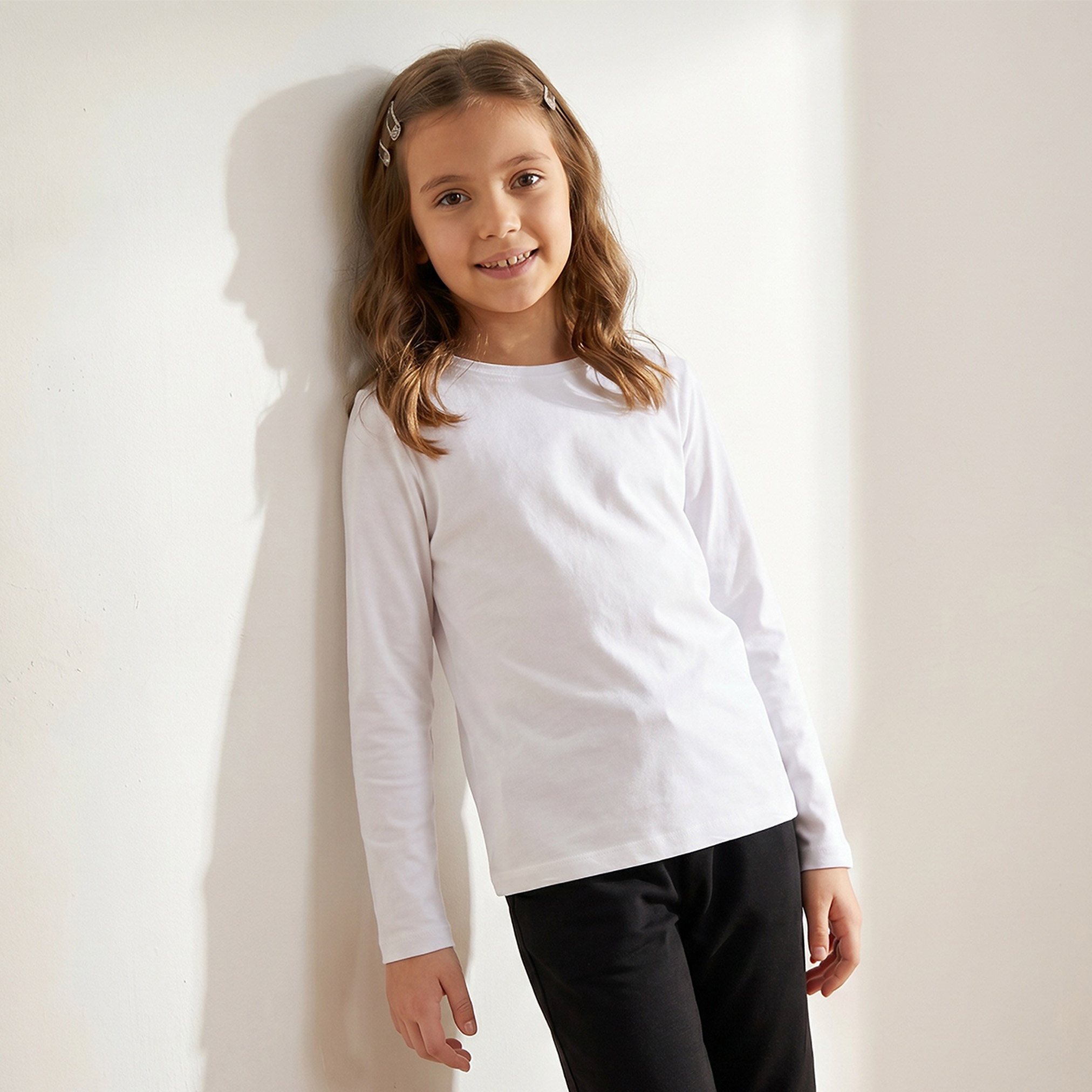 Juniors Solid Crew Neck T-shirt with Long Sleeves-girls-clothing-schoolwear-tshirts-image-7