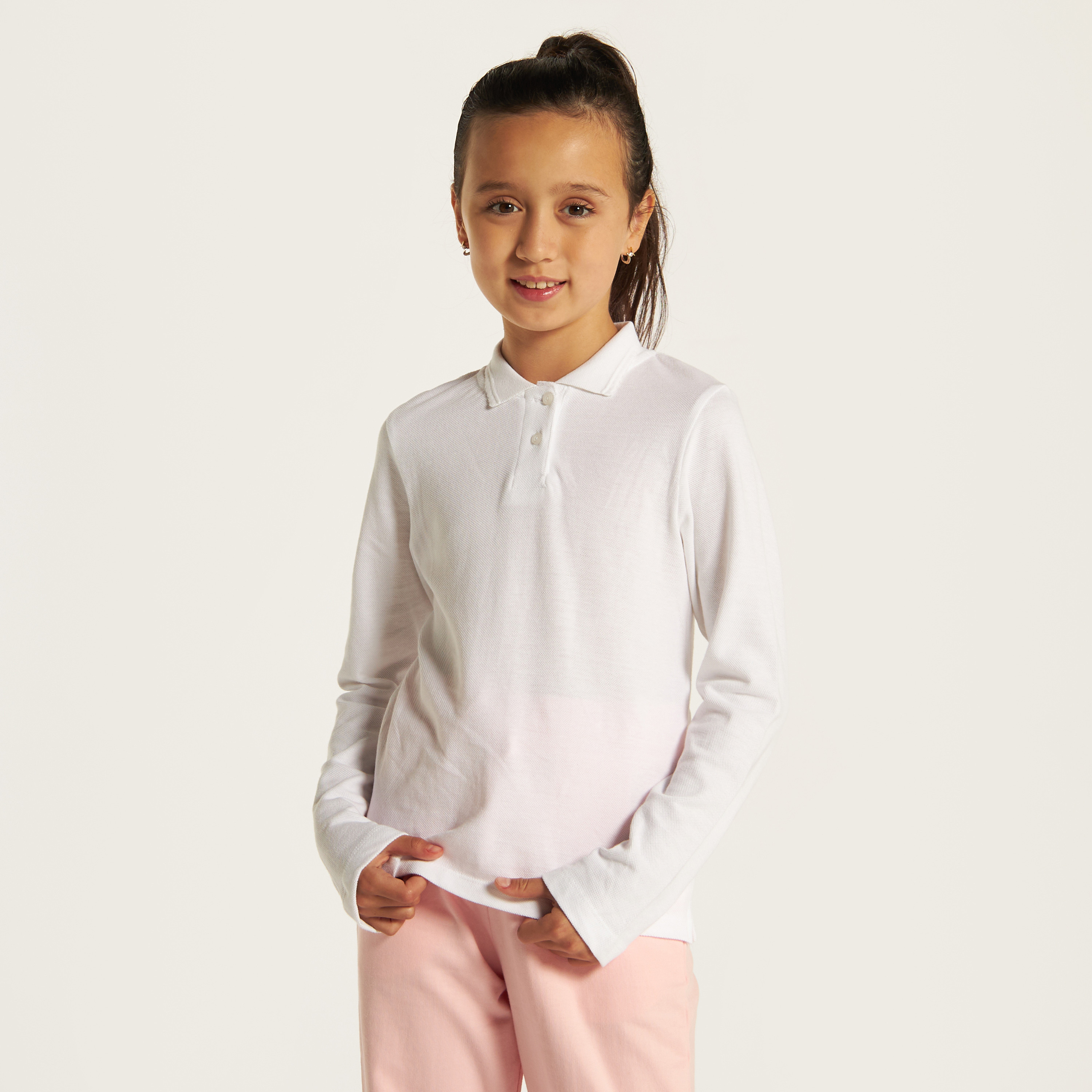 Juniors Solid Polo T-shirt with Long Sleeves-girls-clothing-tshirts-image-1