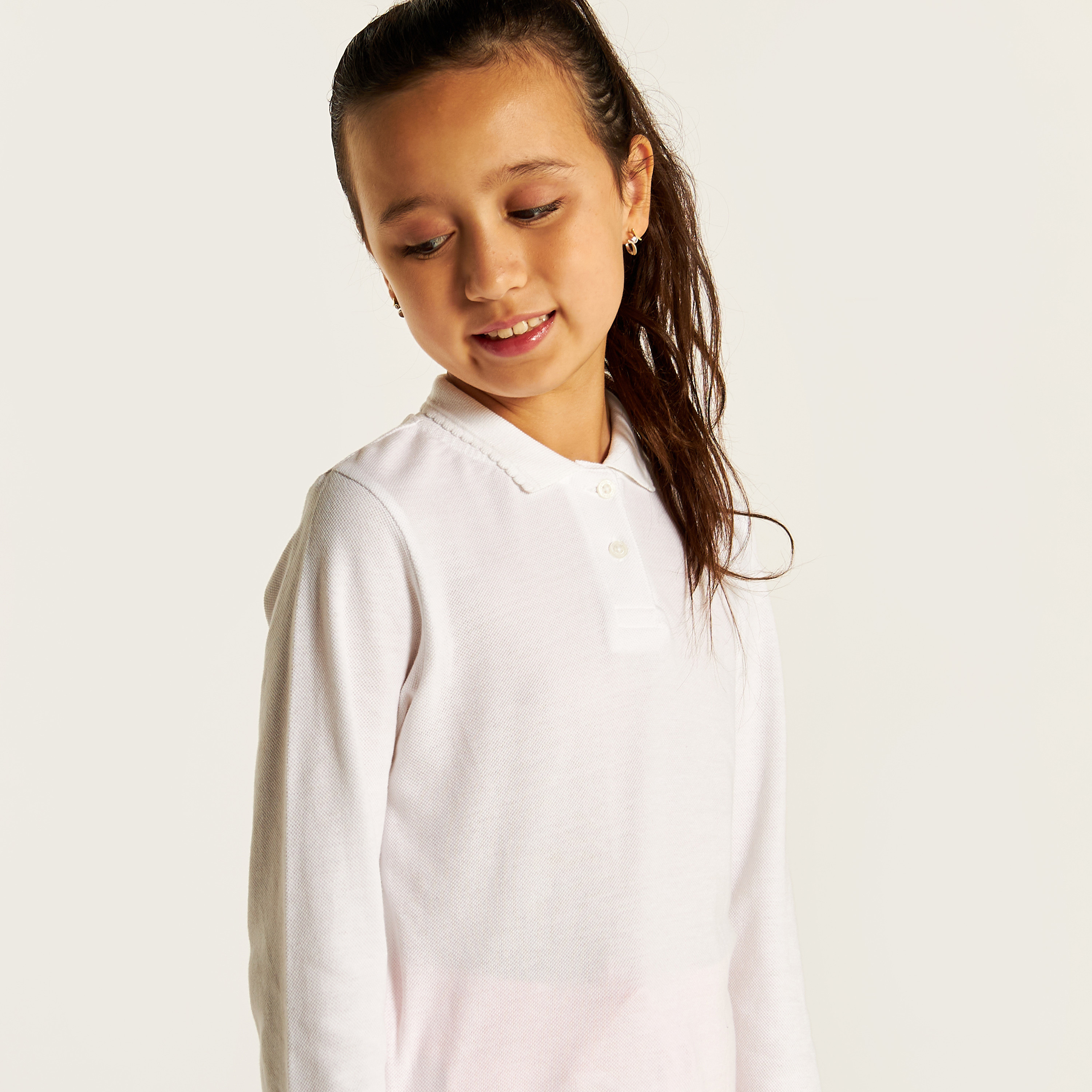 Juniors Solid Polo T-shirt with Long Sleeves-girls-clothing-tshirts-image-3