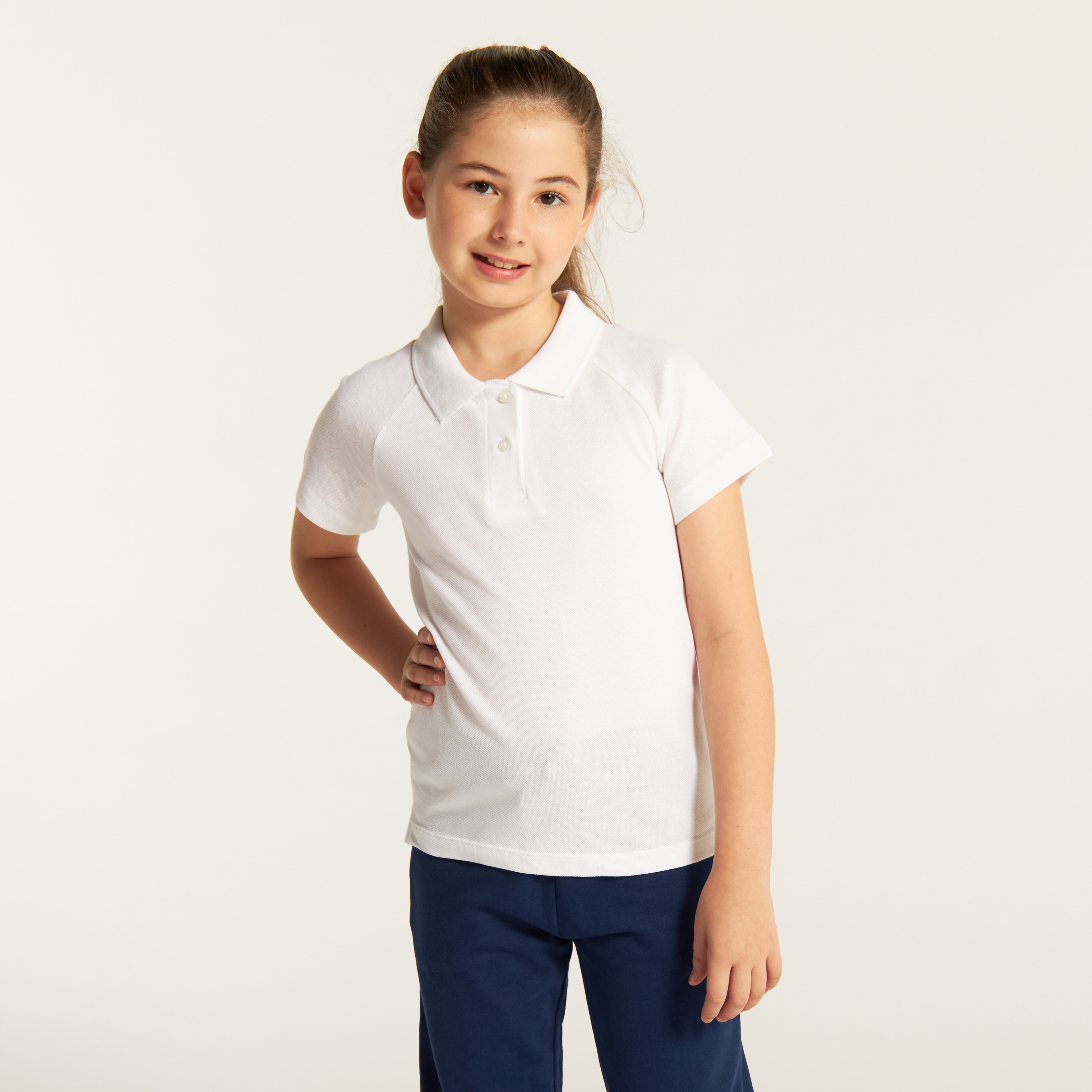 Juniors Solid Polo T-shirt with Short Sleeves and Button Closure-girls-clothing-tshirts-image-1