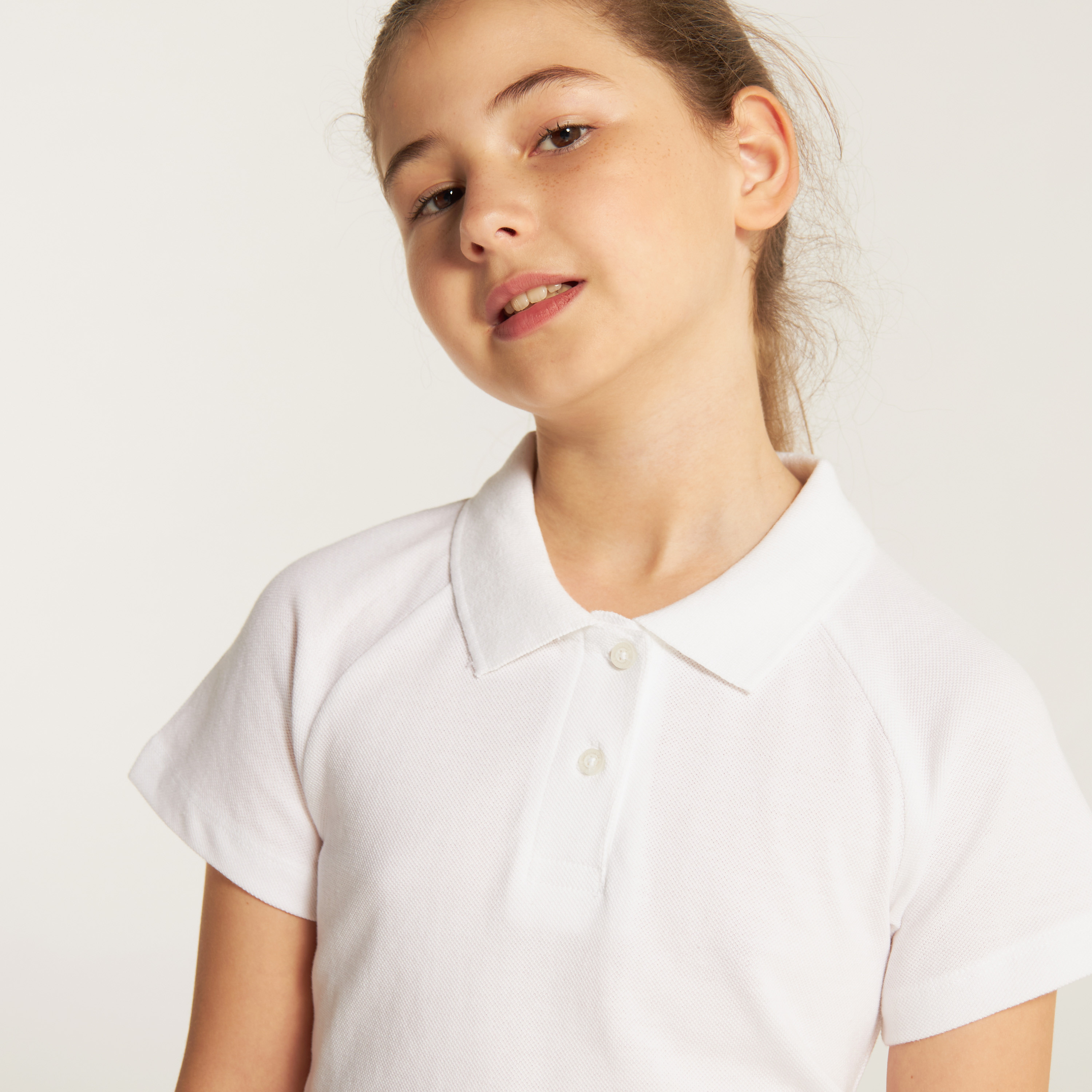 Juniors Solid Polo T-shirt with Short Sleeves and Button Closure-girls-clothing-tshirts-image-3