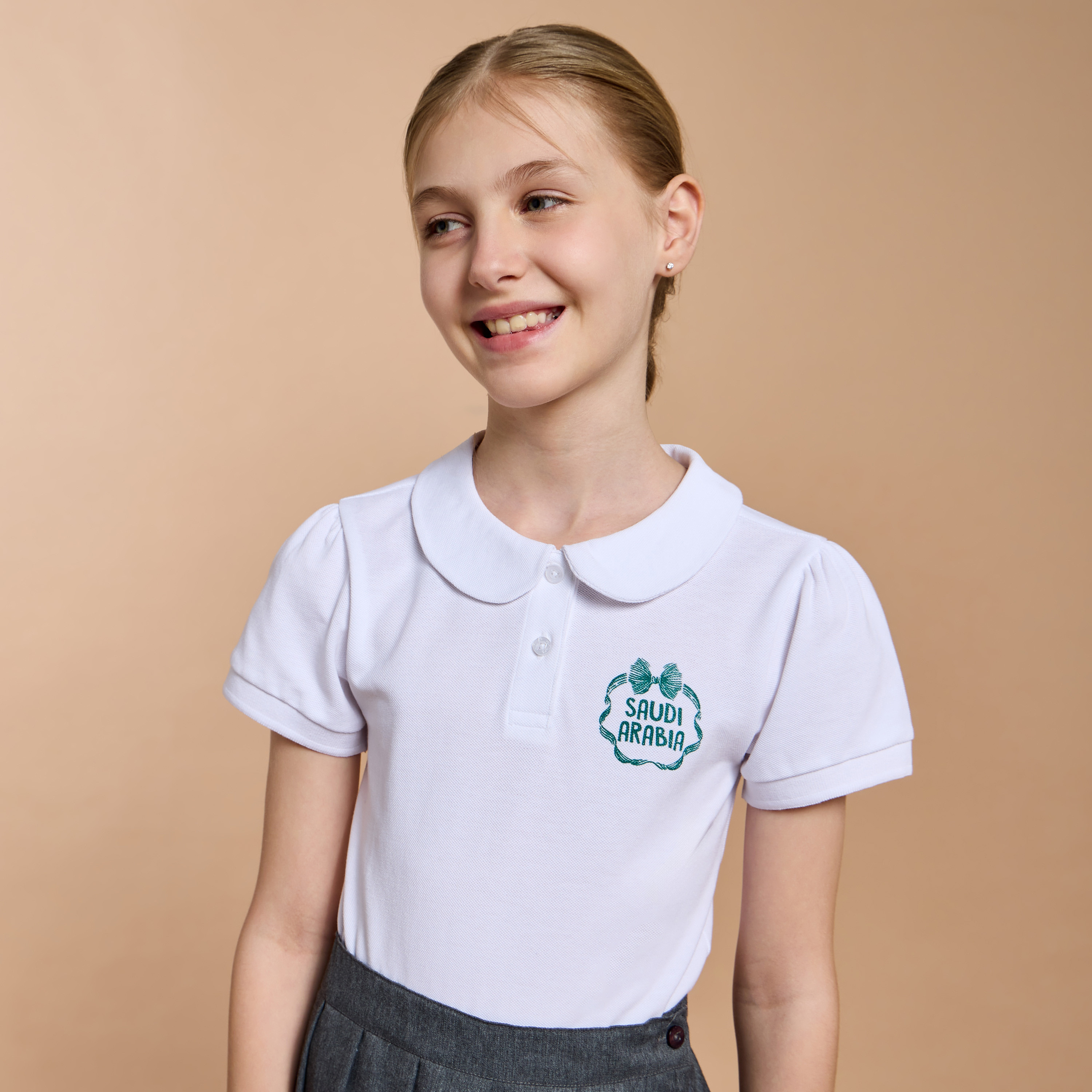 Juniors Saudi Arabia National Day Print Polo T-shirt with Short Sleeves-girls-clothing-schoolwear-tshirts-image-1