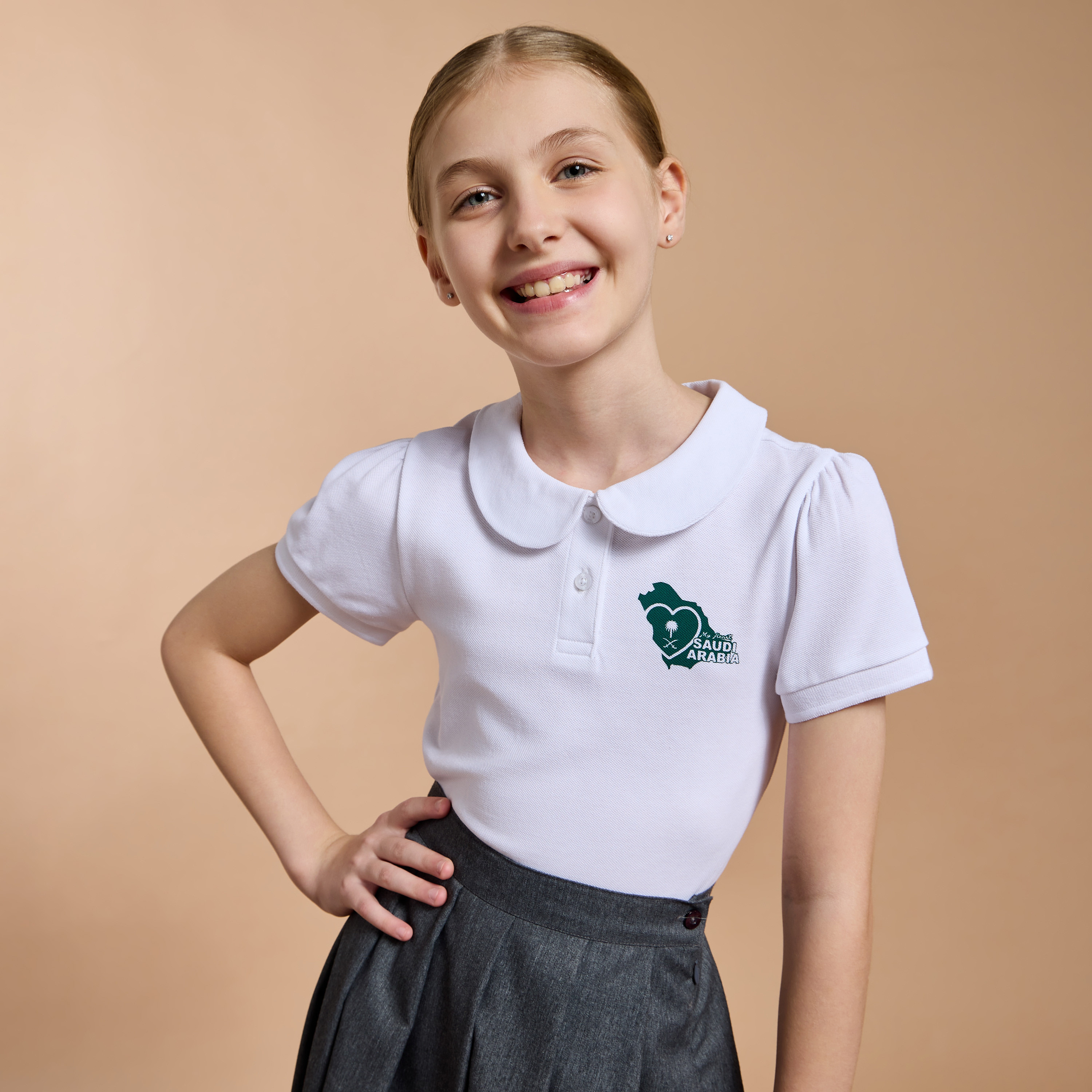 Juniors Saudi Arabia National Day Print Polo T-shirt with Short Sleeves-girls-clothing-schoolwear-tshirts-image-1