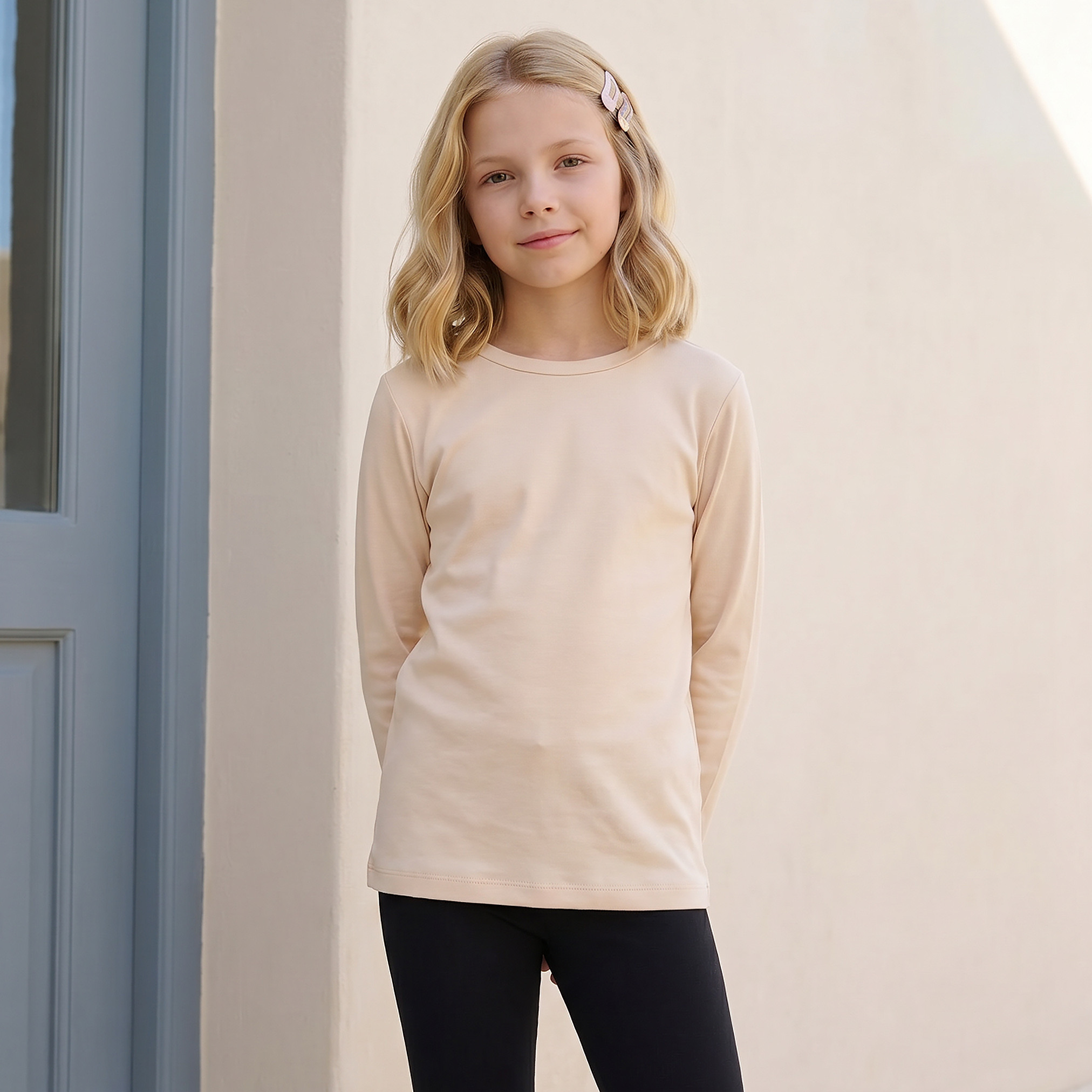 Juniors Beige School T-shirt with Crew Neck - Girls-girls-clothing-tshirts-image-1