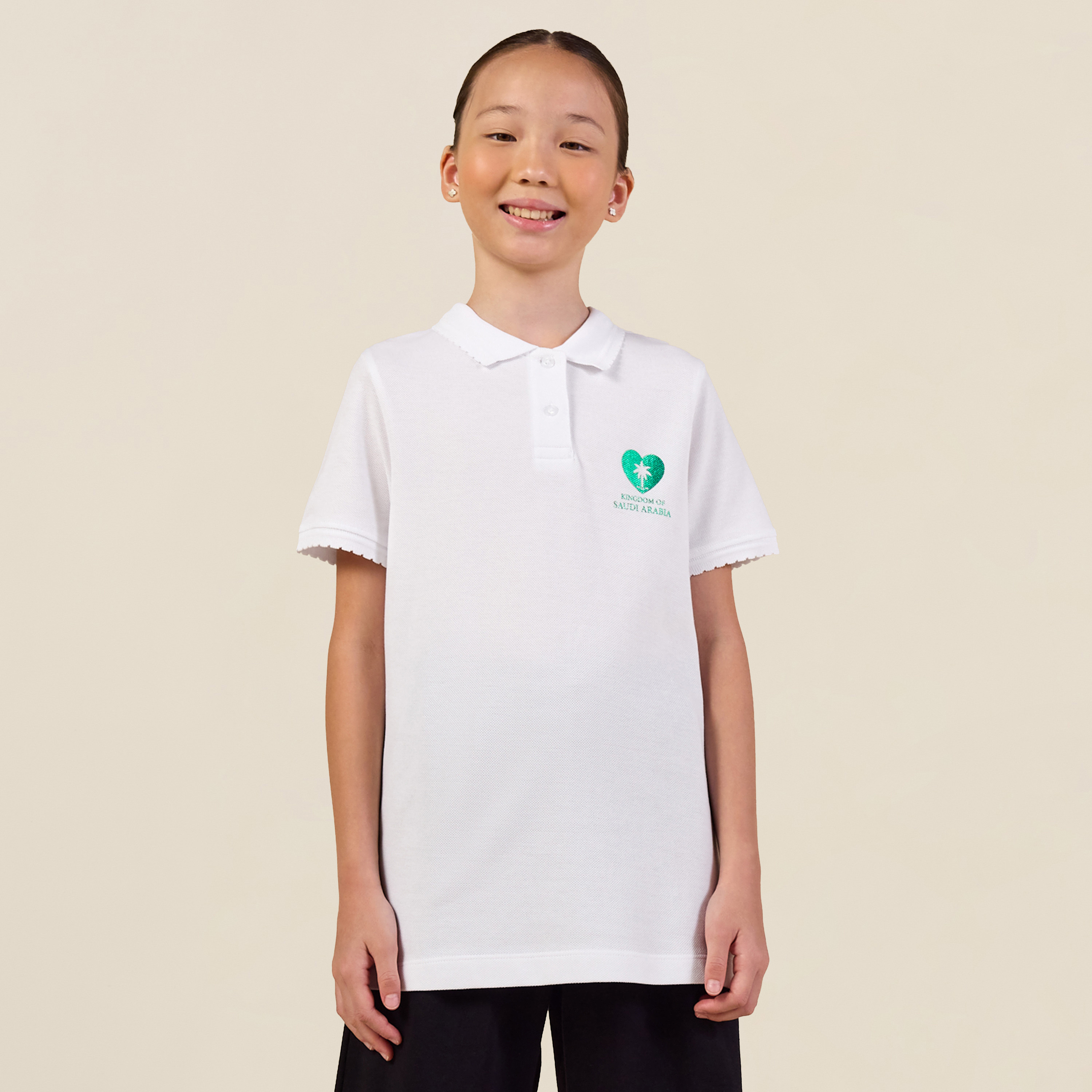 Juniors Collared Short Sleeves Polo T-shirt with KSA National Day Print-girls-clothing-schoolwear-tshirts-image-2