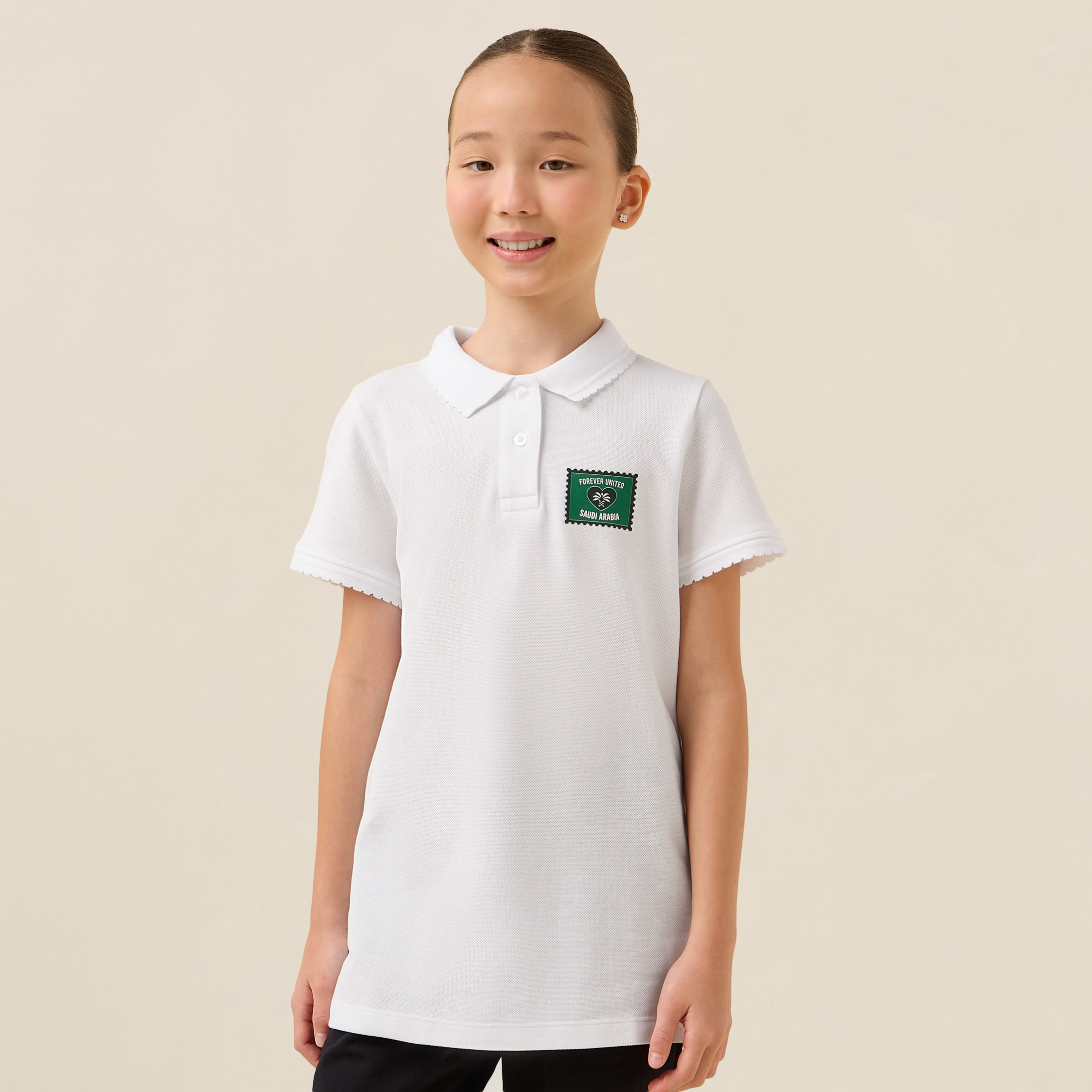 Juniors Collared Short Sleeves Polo T-shirt with KSA National Day Print-girls-clothing-schoolwear-tshirts-image-1