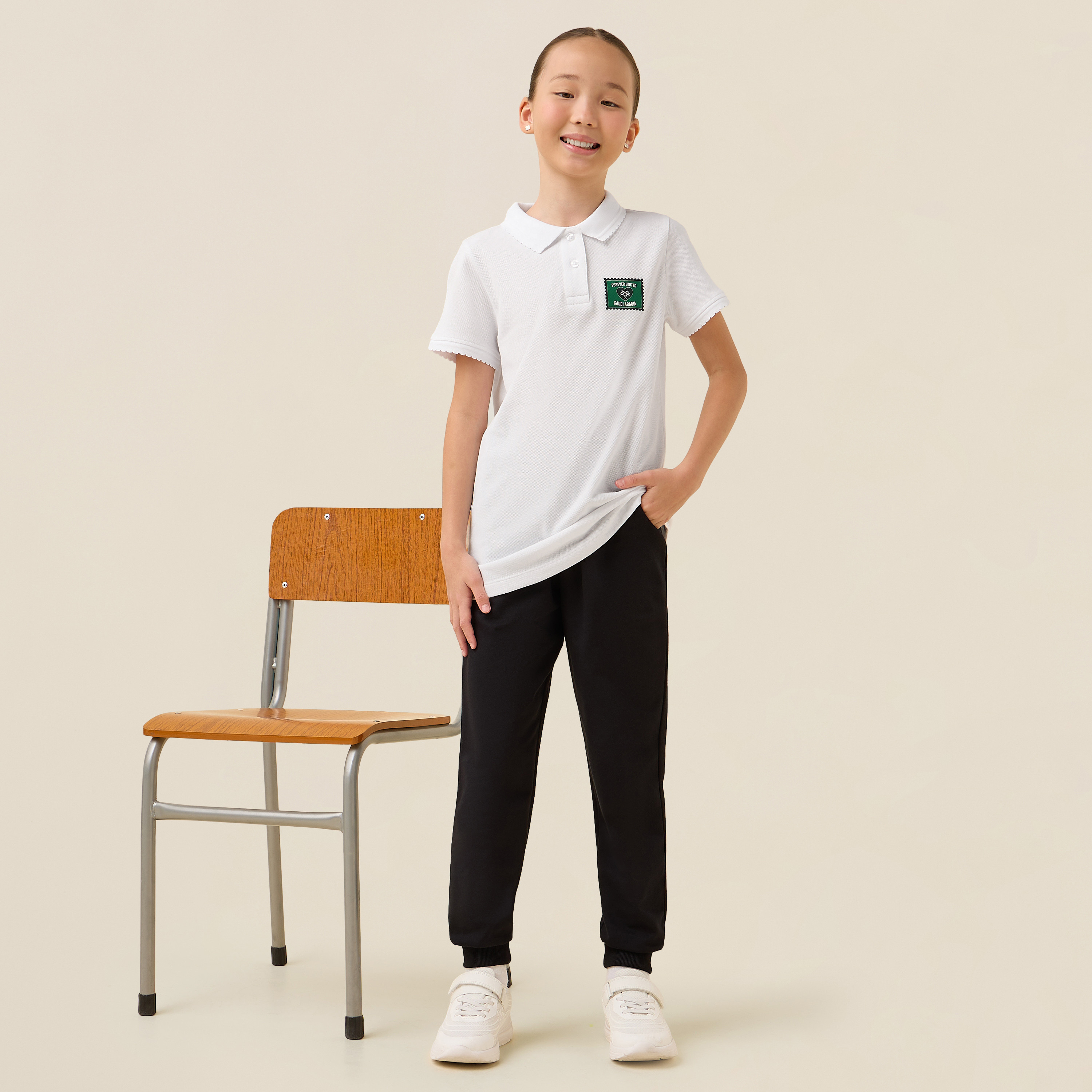 Juniors Collared Short Sleeves Polo T-shirt with KSA National Day Print-girls-clothing-schoolwear-tshirts-image-2