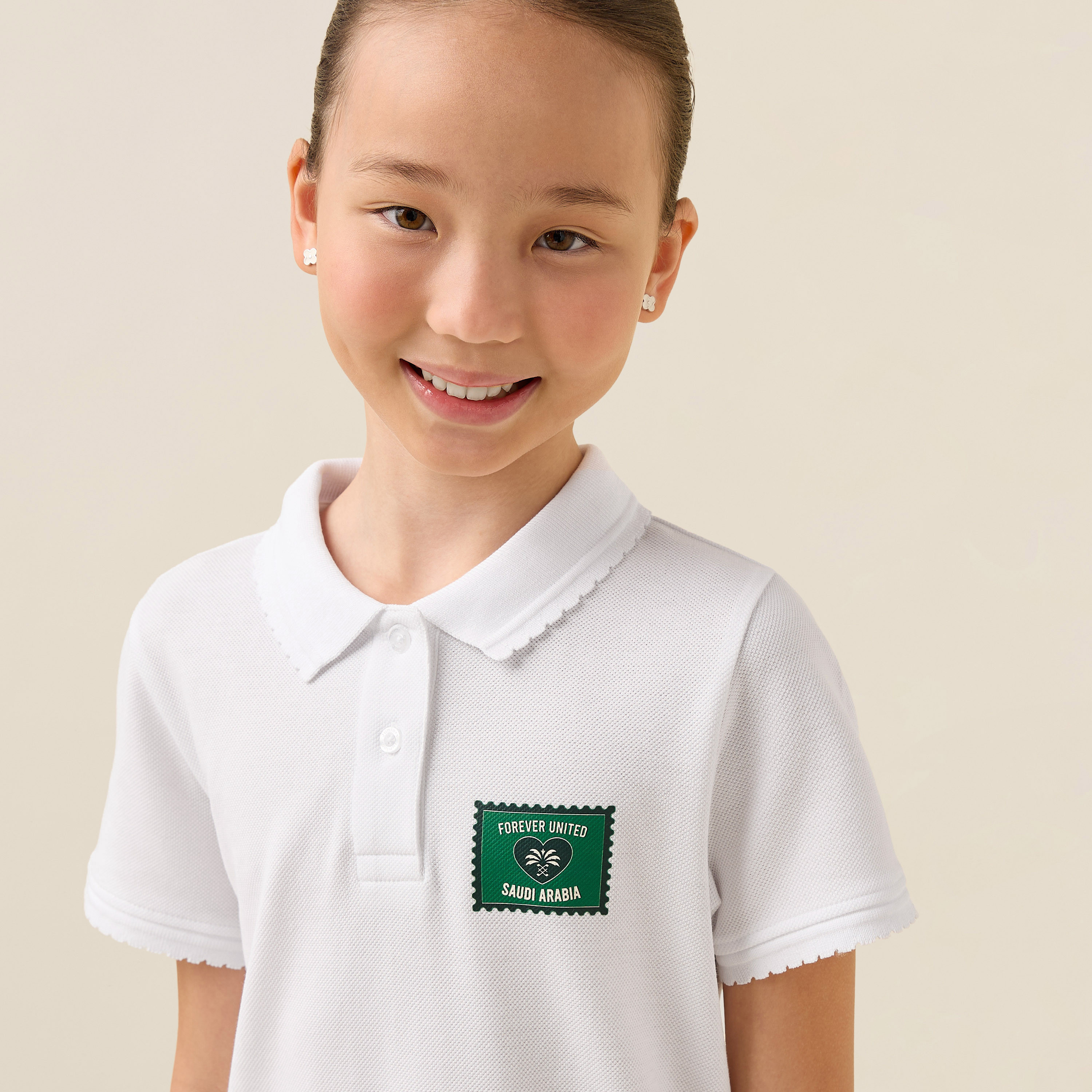 Juniors Collared Short Sleeves Polo T-shirt with KSA National Day Print-girls-clothing-schoolwear-tshirts-image-4