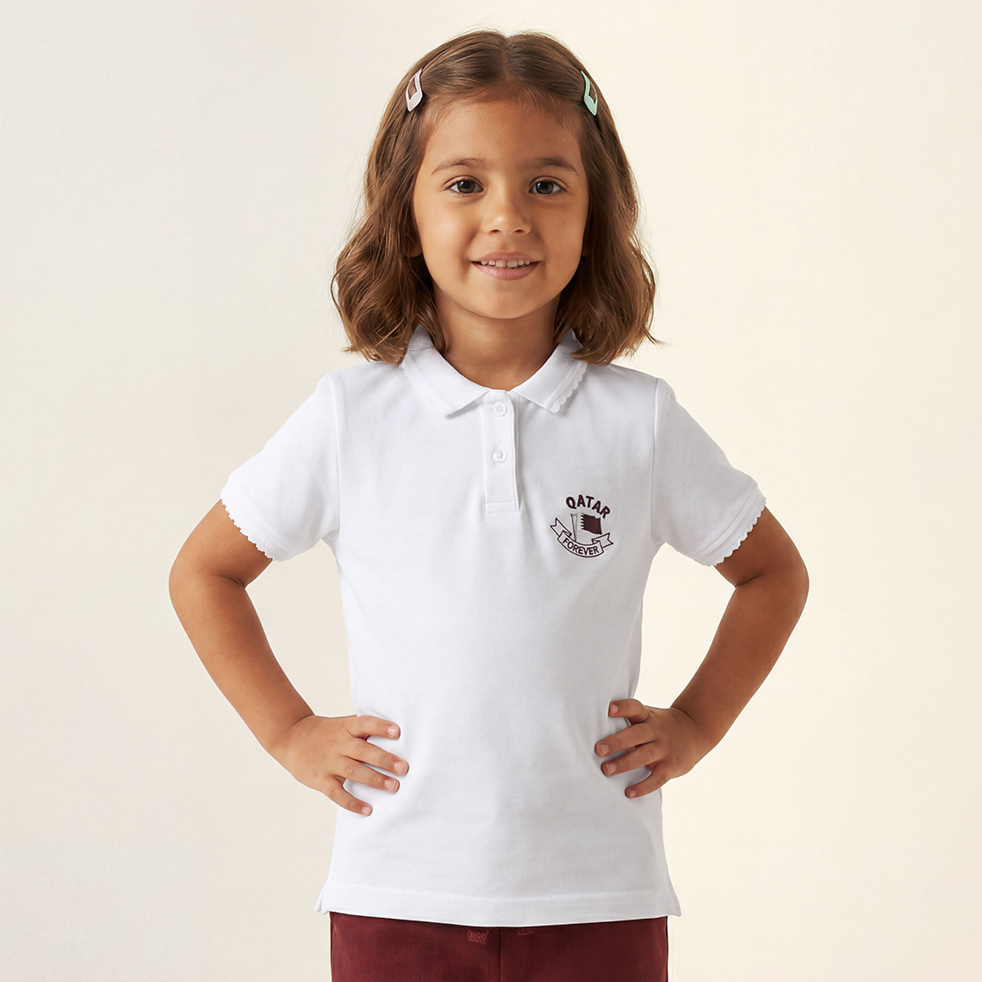 Juniors Collared Short Sleeves T-shirt with Qatar Print-girls-clothing-schoolwear-tshirts-image-1