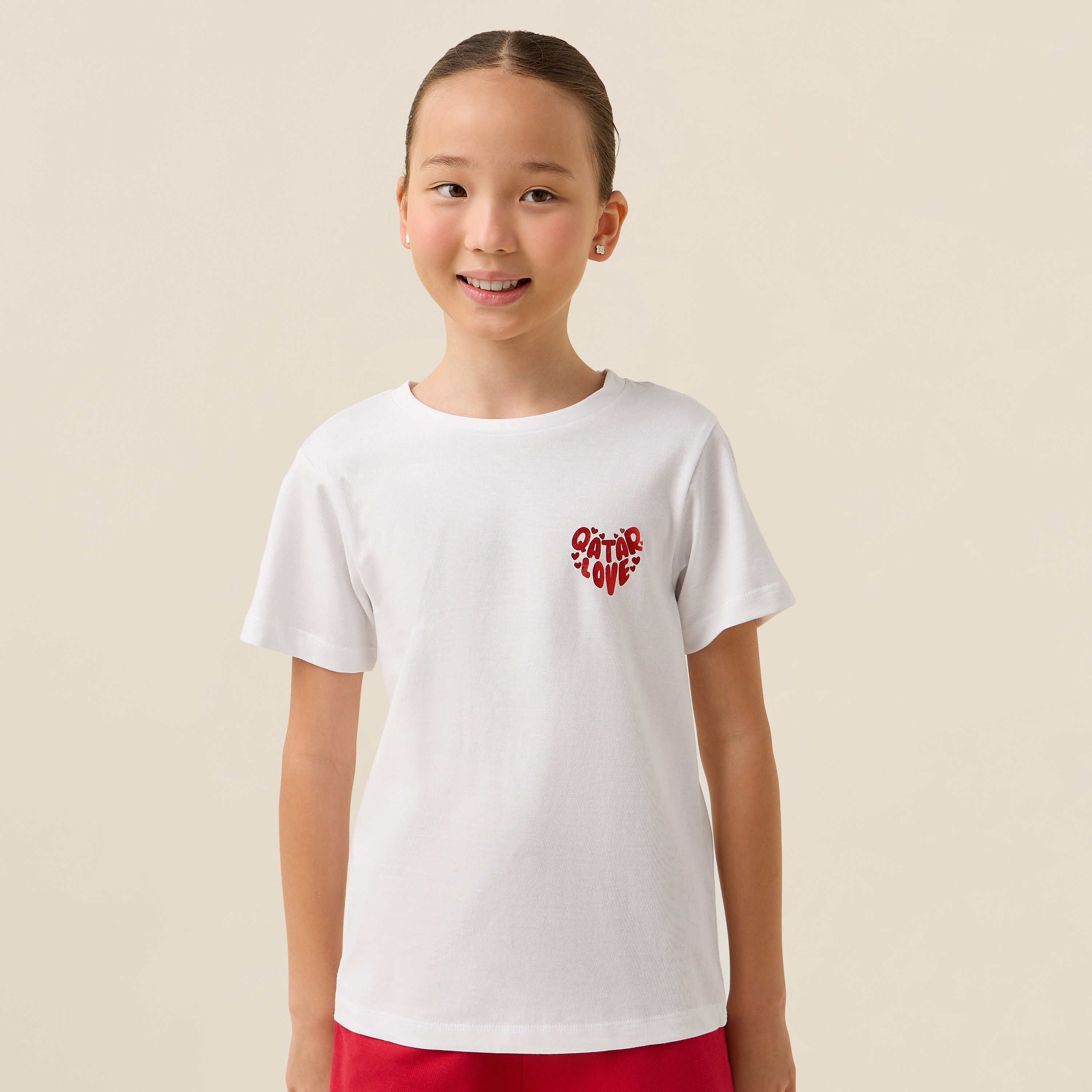 Juniors Crew Neck Short Sleeves T-shirt with Qatar Print-girls-clothing-schoolwear-tshirts-image-1