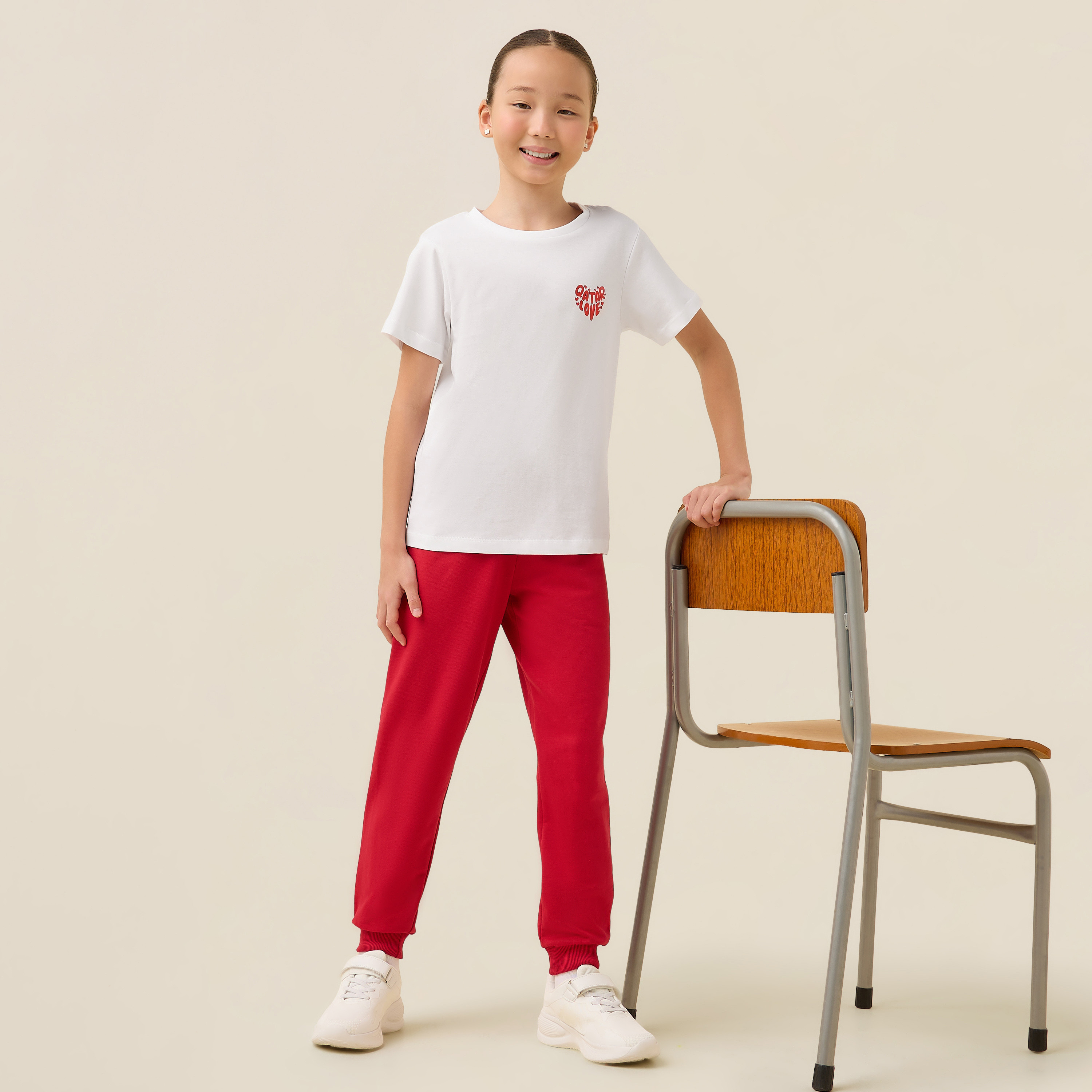 Juniors Crew Neck Short Sleeves T-shirt with Qatar Print-girls-clothing-schoolwear-tshirts-image-2