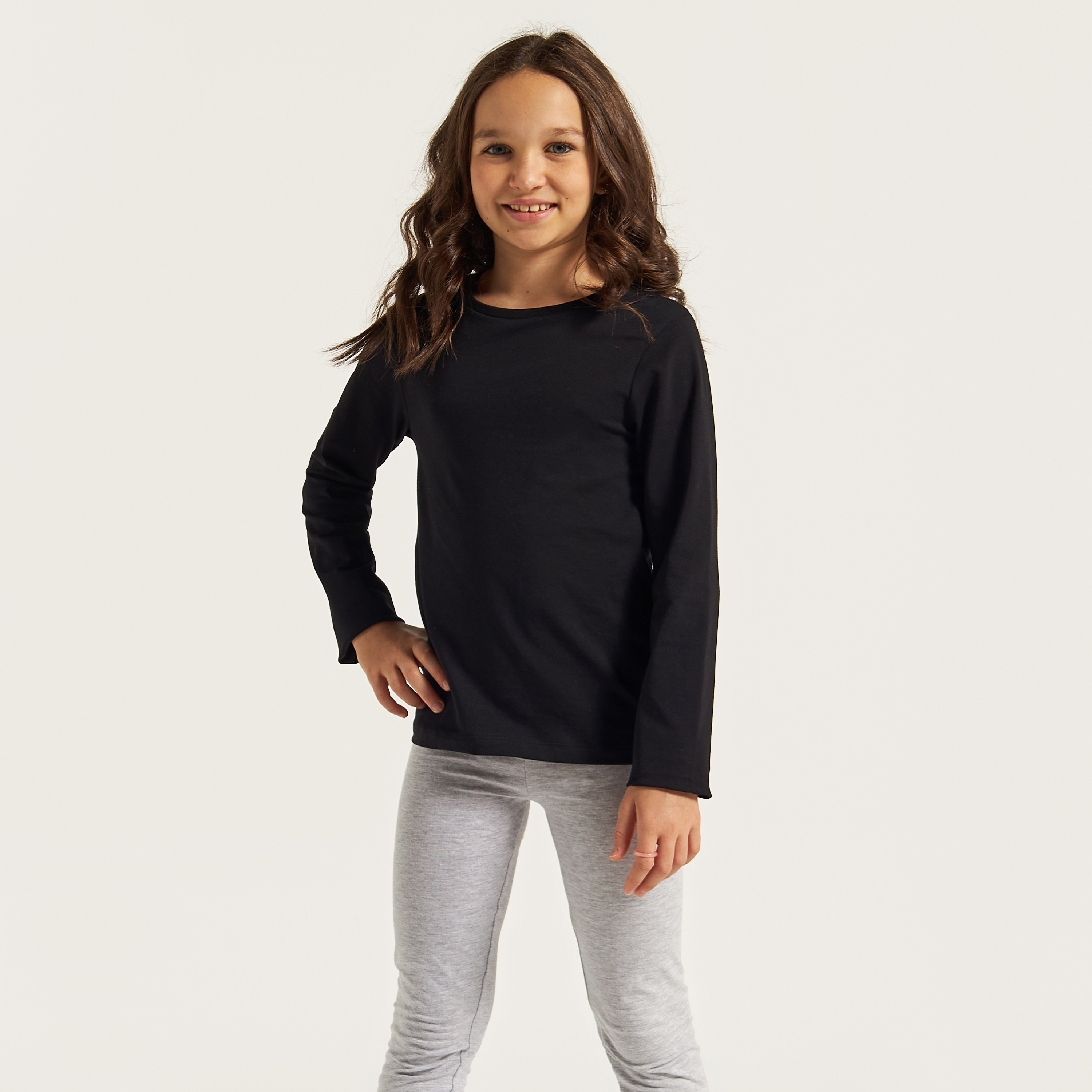 Juniors Solid Round Neck T-shirt with Long Sleeves-girls-clothing-schoolwear-tshirts-image-1