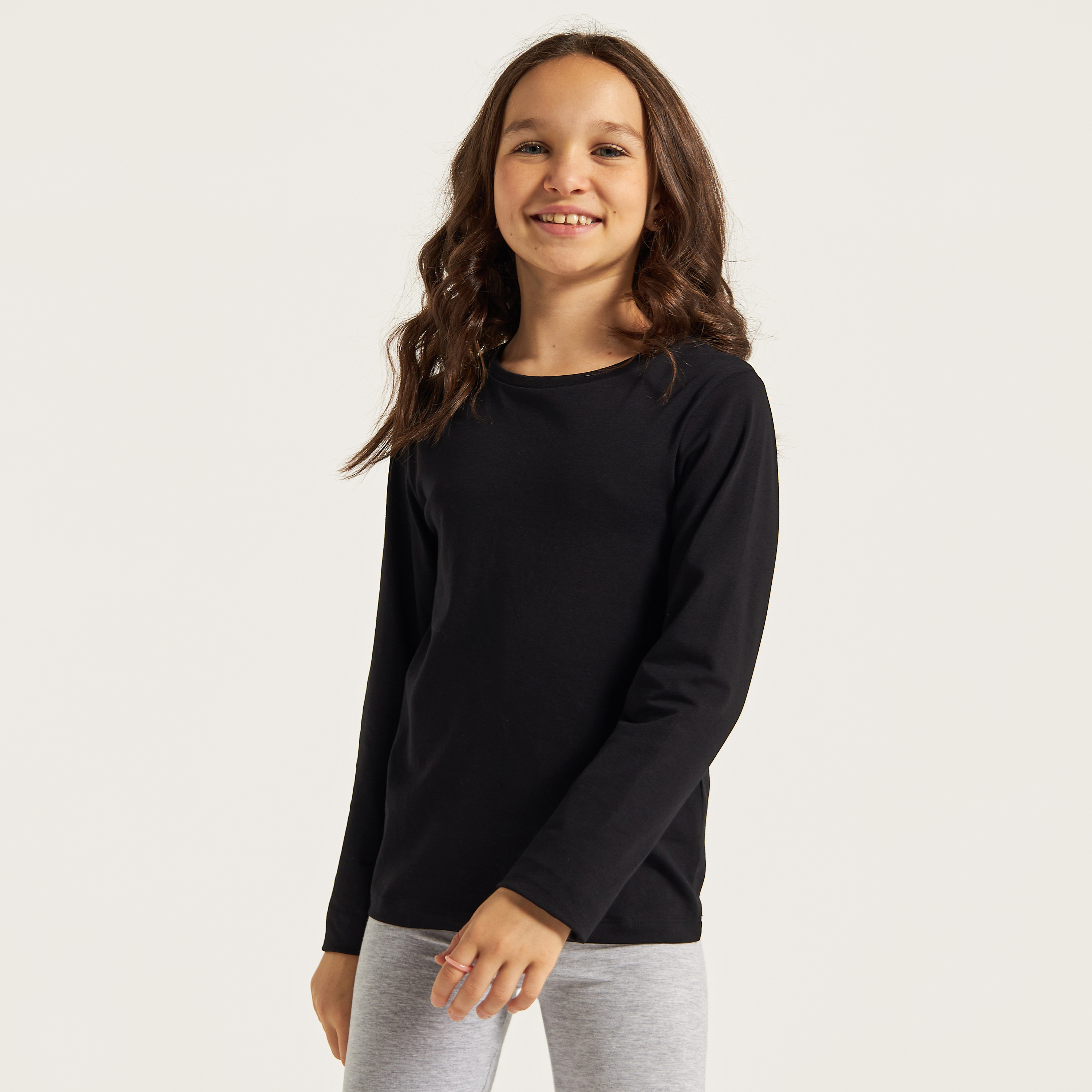 Juniors Solid Round Neck T-shirt with Long Sleeves-girls-clothing-schoolwear-tshirts-image-2