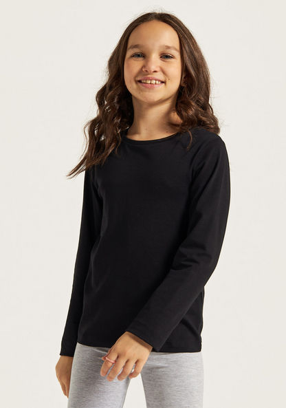 Juniors Solid Round Neck T-shirt with Long Sleeves-Tops-image-1