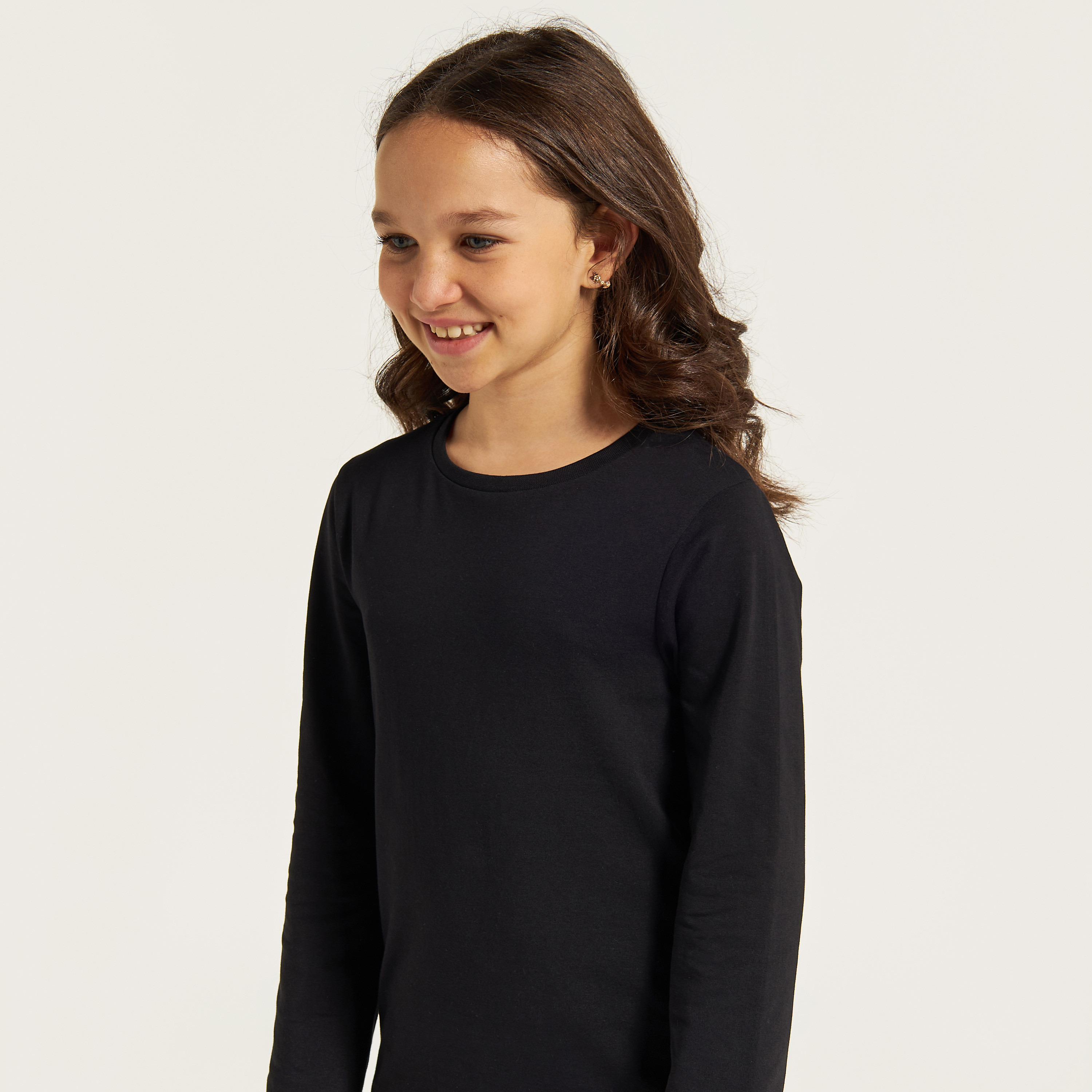 Juniors Solid Round Neck T-shirt with Long Sleeves-girls-clothing-schoolwear-tshirts-image-3