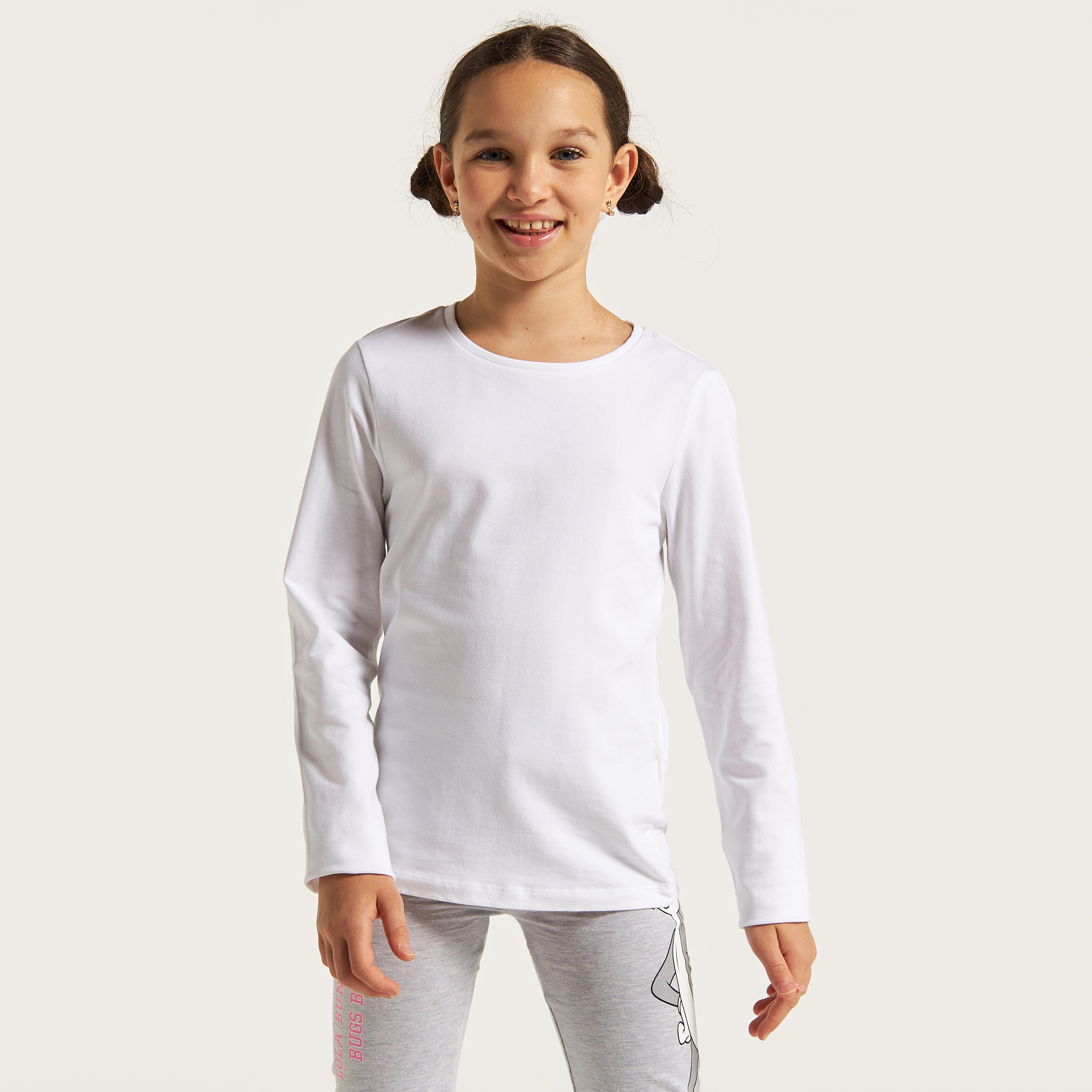 Juniors Solid Round Neck T-shirt with Long Sleeves-girls-clothing-tshirts-image-1