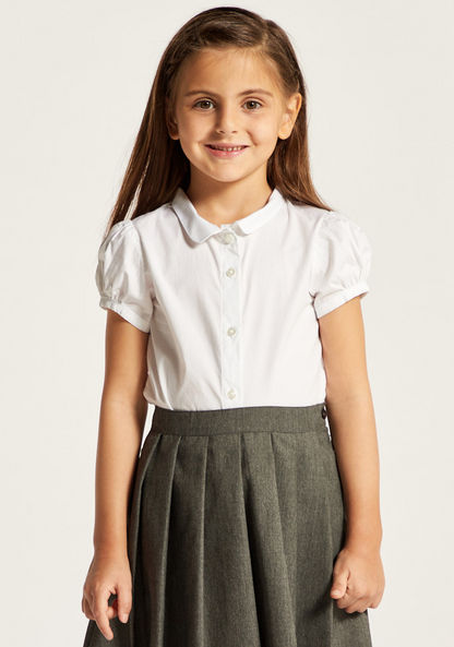 Juniors Solid Shirt with Spread Collar and Puff Sleeves-Tops-image-1