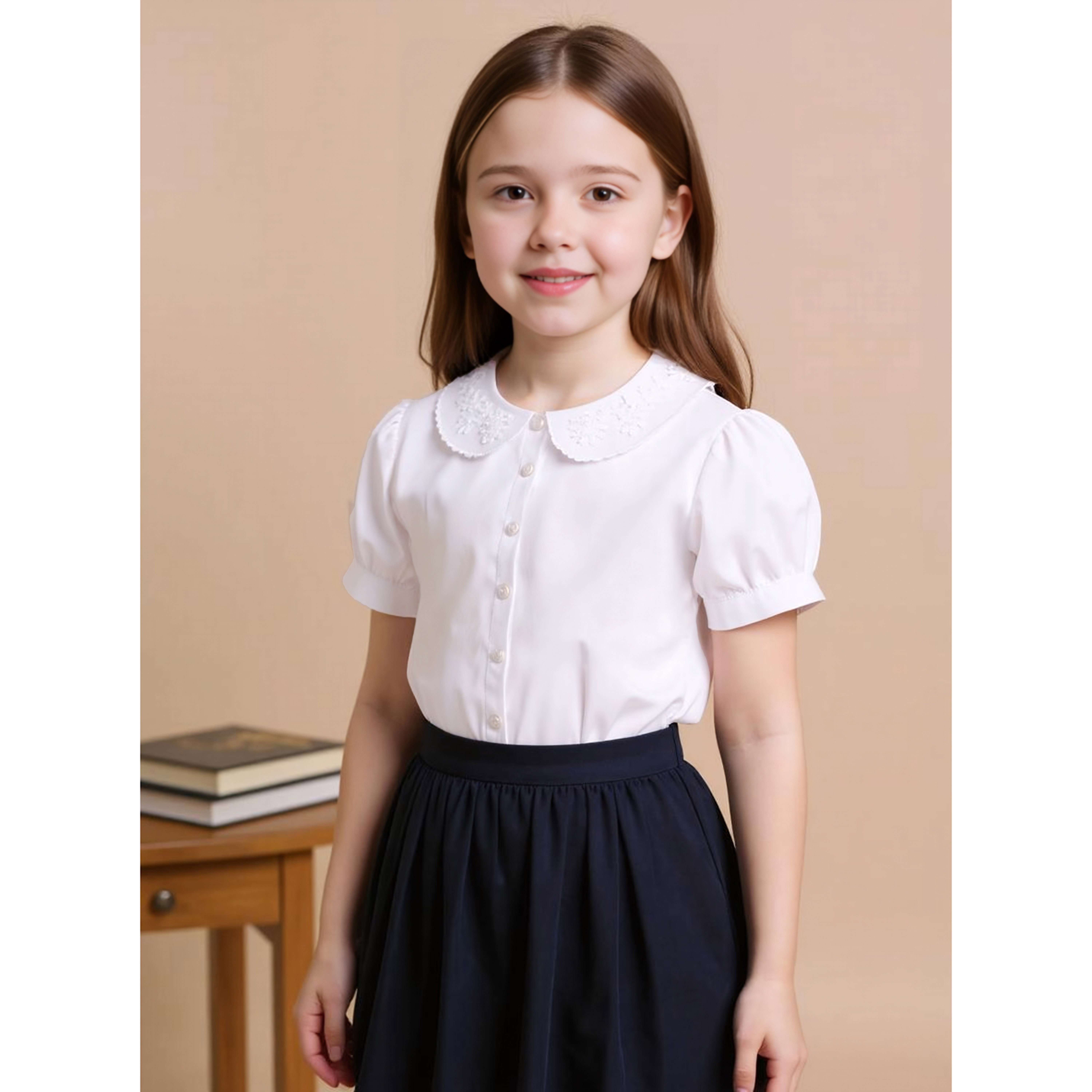 قميص سادة بياقة بيتر بان وأكمام منفوخة من جونيورز-girls-clothing-schoolwear-blousesandshirts-image-6