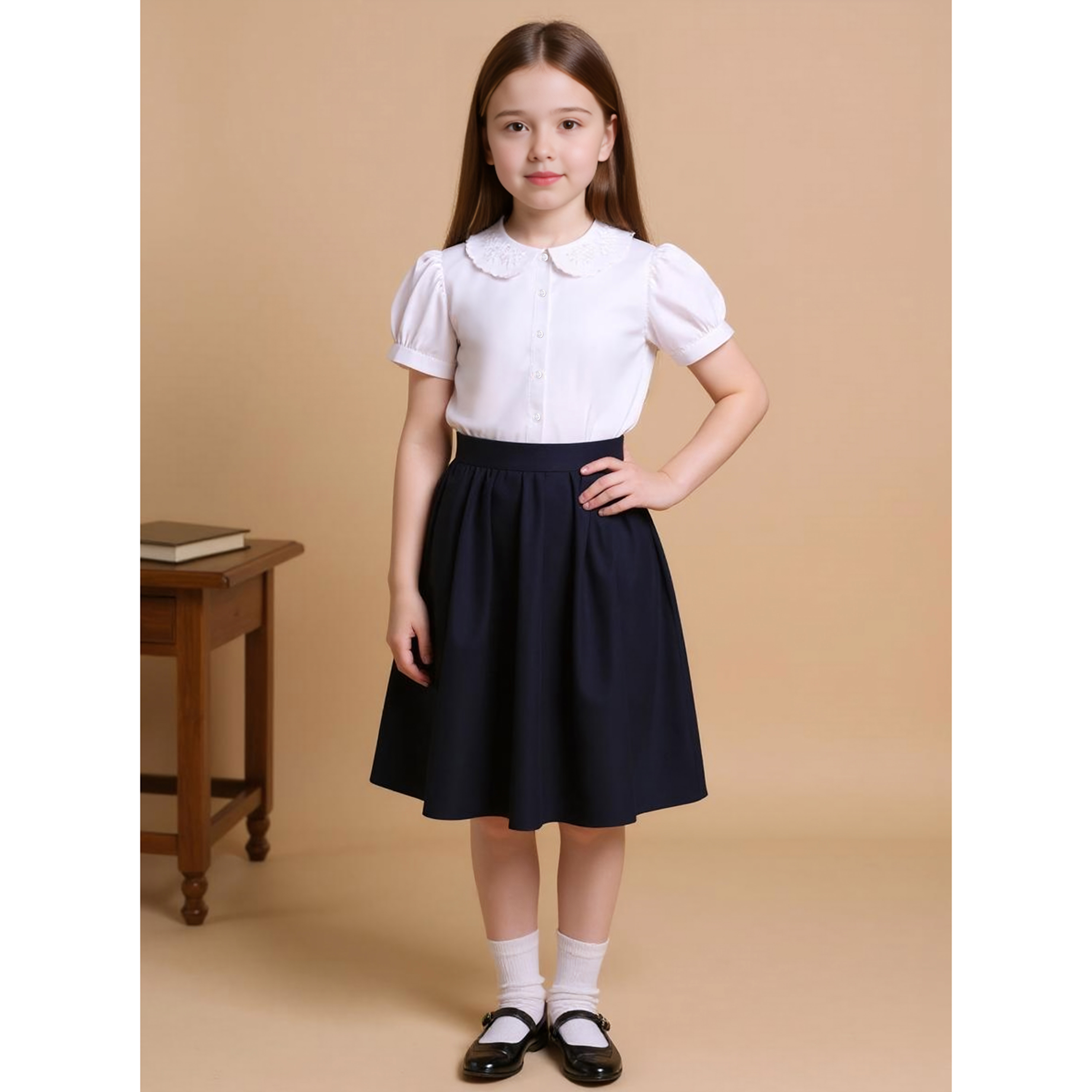 قميص سادة بياقة بيتر بان وأكمام منفوخة من جونيورز-girls-clothing-schoolwear-blousesandshirts-image-5