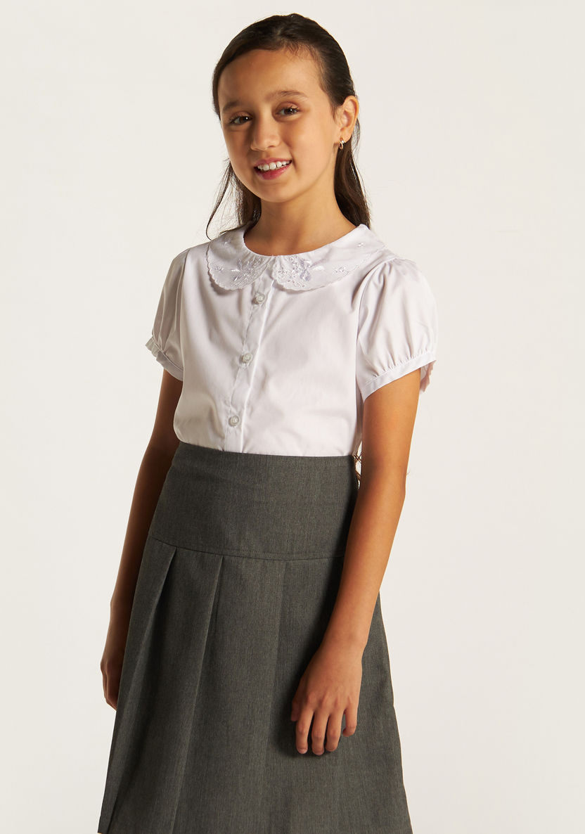 Juniors Solid Shirt with Peter Pan Collar and Puff Sleeves-Tops-image-1