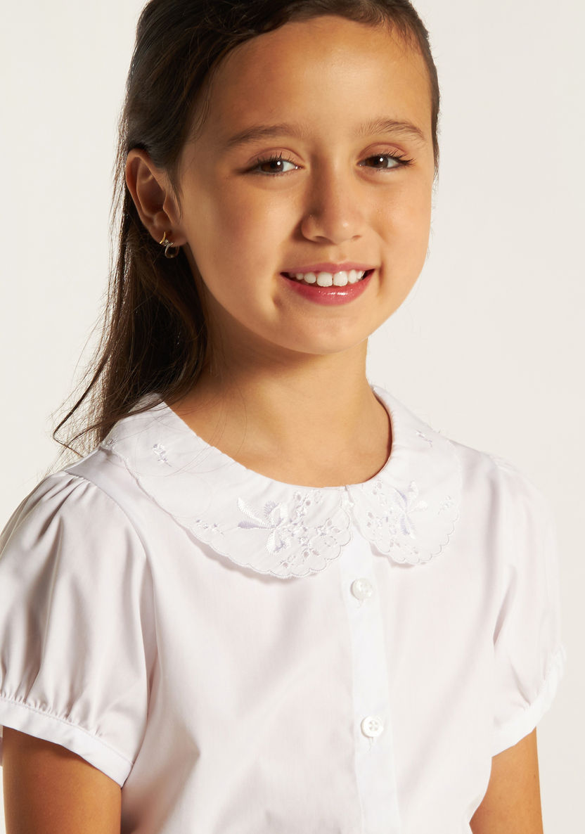 Juniors Solid Shirt with Peter Pan Collar and Puff Sleeves-Tops-image-2