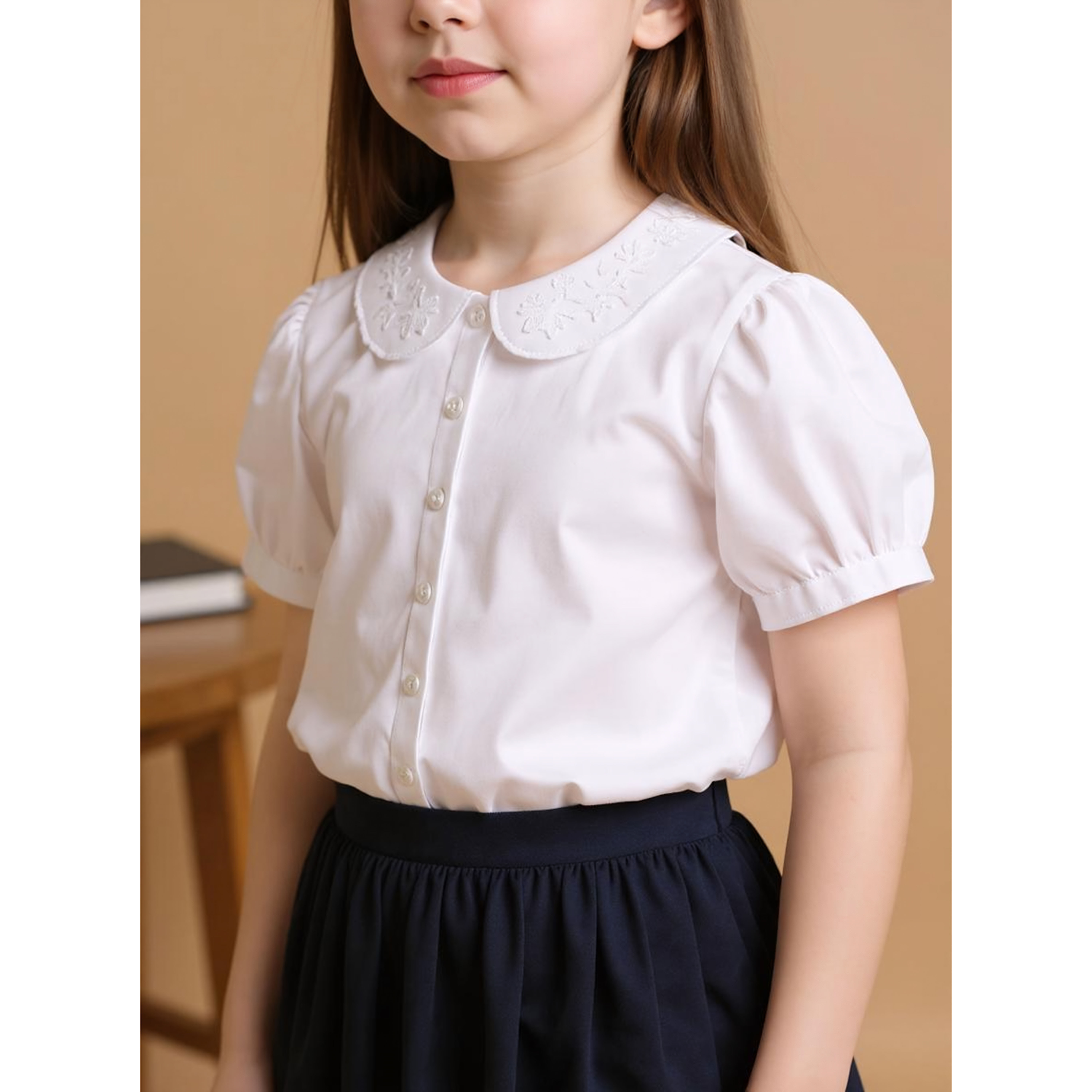 قميص سادة بياقة بيتر بان وأكمام منفوخة من جونيورز-girls-clothing-schoolwear-blousesandshirts-image-3