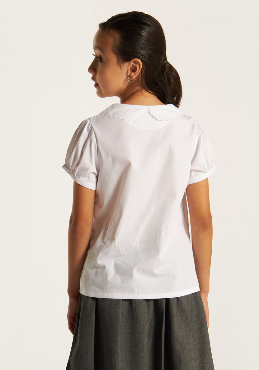 Juniors Solid Shirt with Peter Pan Collar and Puff Sleeves-Tops-image-3