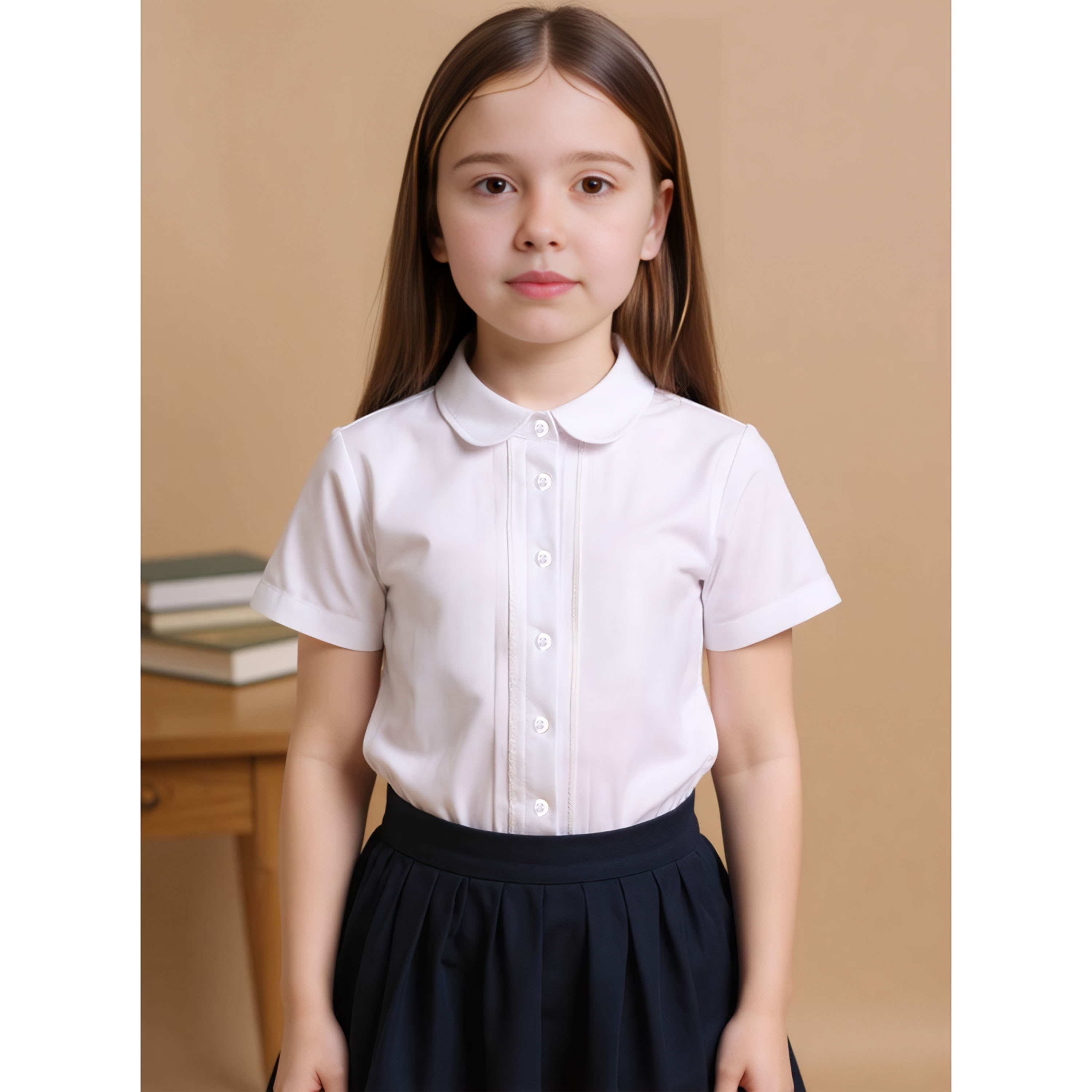 Juniors Solid Short Sleeves Shirt with Pleat Detail and Peter Pan Collar-girls-clothing-schoolwear-blousesandshirts-image-1