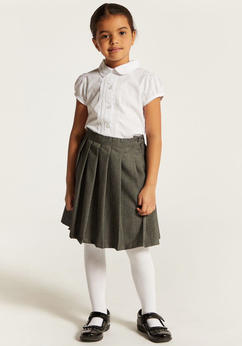 Juniors Solid Short Sleeves Shirt with Pleat Detail and Peter Pan Collar-Tops-image-0