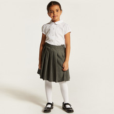 Juniors Solid Short Sleeves Shirt with Pleat Detail and Peter Pan Collar