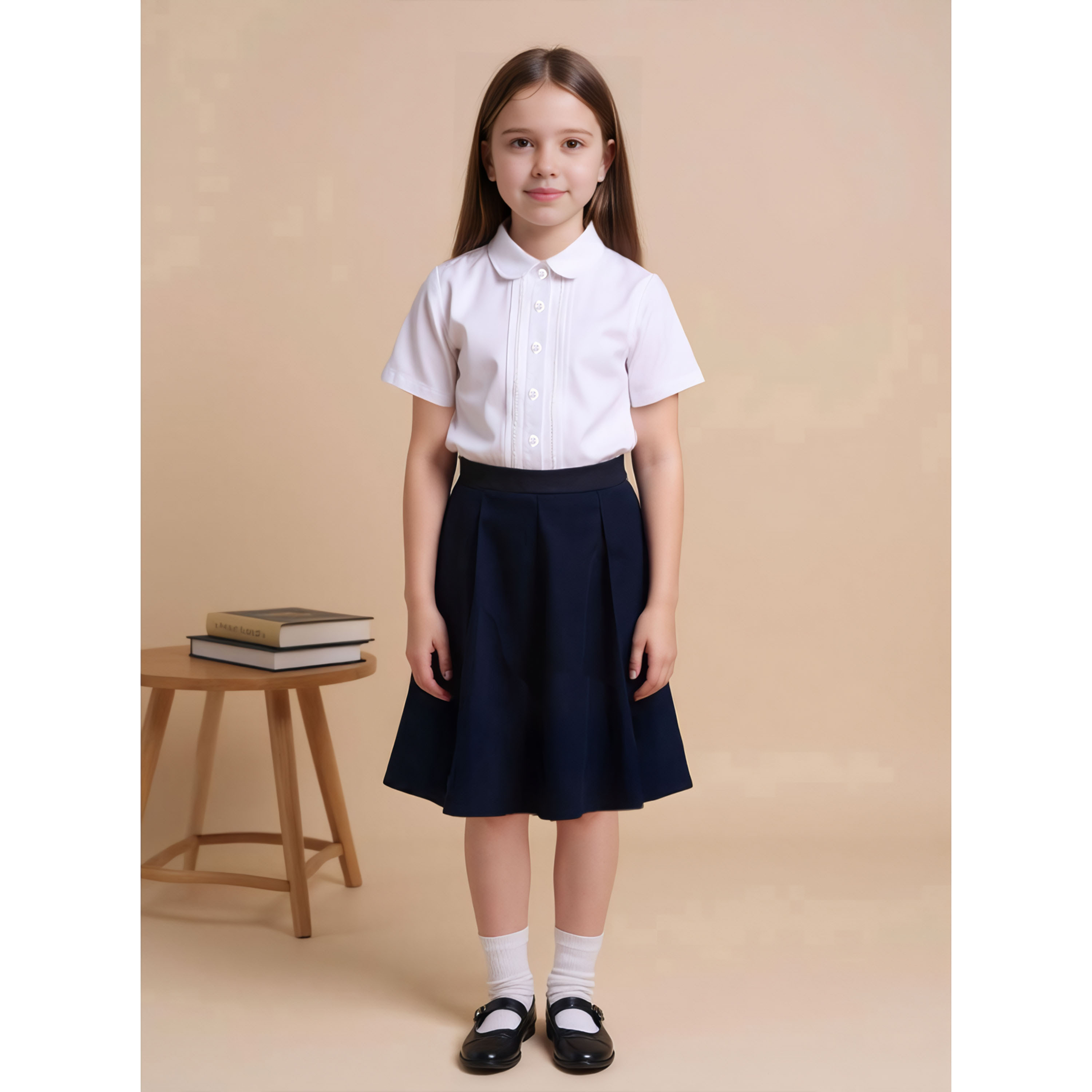 Juniors Solid Short Sleeves Shirt with Pleat Detail and Peter Pan Collar-girls-clothing-schoolwear-blousesandshirts-image-2