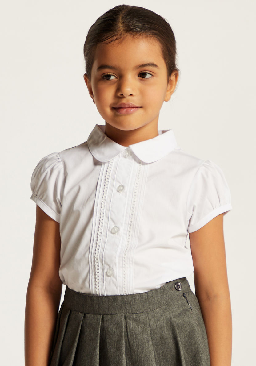 Juniors Solid Short Sleeves Shirt with Pleat Detail and Peter Pan Collar-Tops-image-1