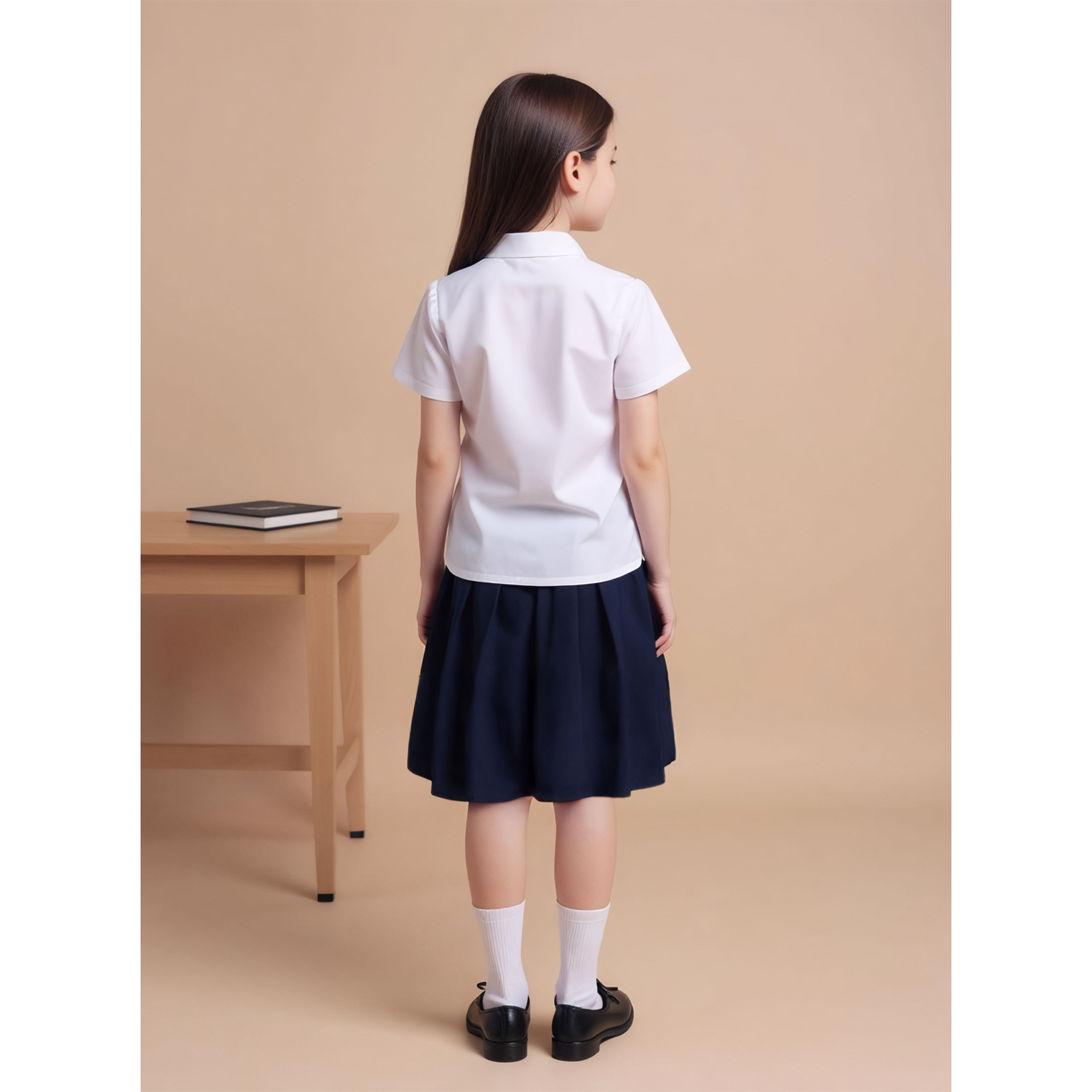 Juniors Solid Short Sleeves Shirt with Pleat Detail and Peter Pan Collar-girls-clothing-schoolwear-blousesandshirts-image-3