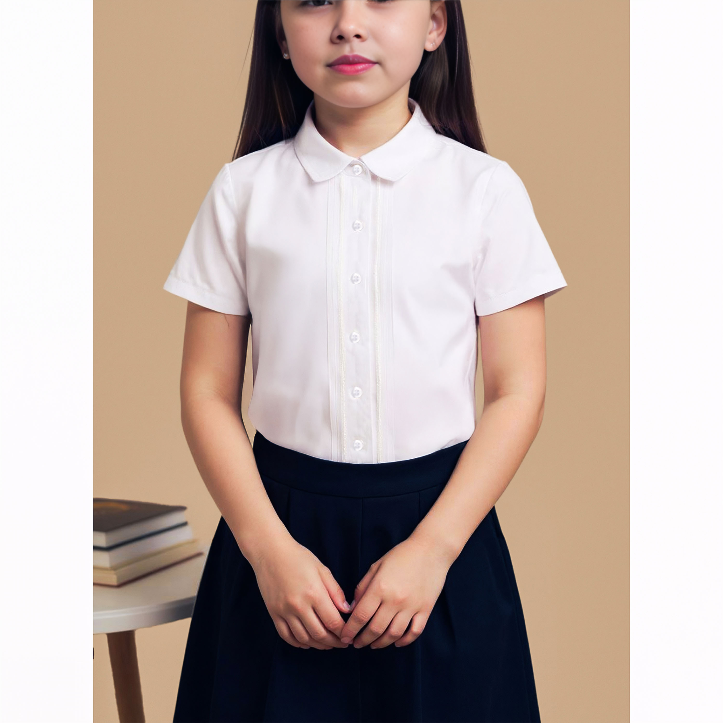 Juniors Solid Short Sleeves Shirt with Pleat Detail and Peter Pan Collar-girls-clothing-schoolwear-blousesandshirts-image-4