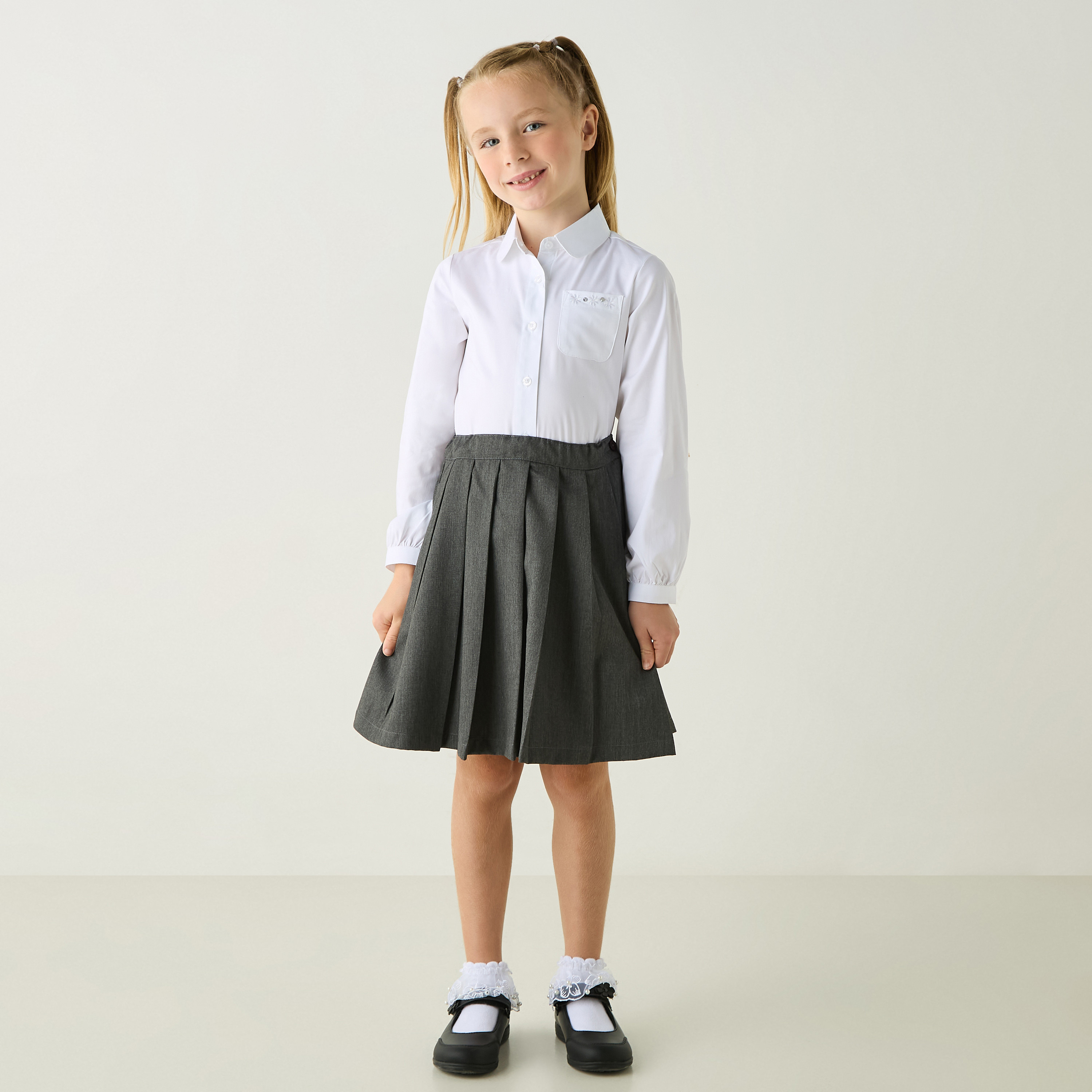 Juniors Solid Shirt with Long Sleeves and Chest Pocket-girls-clothing-schoolwear-blousesandshirts-image-2