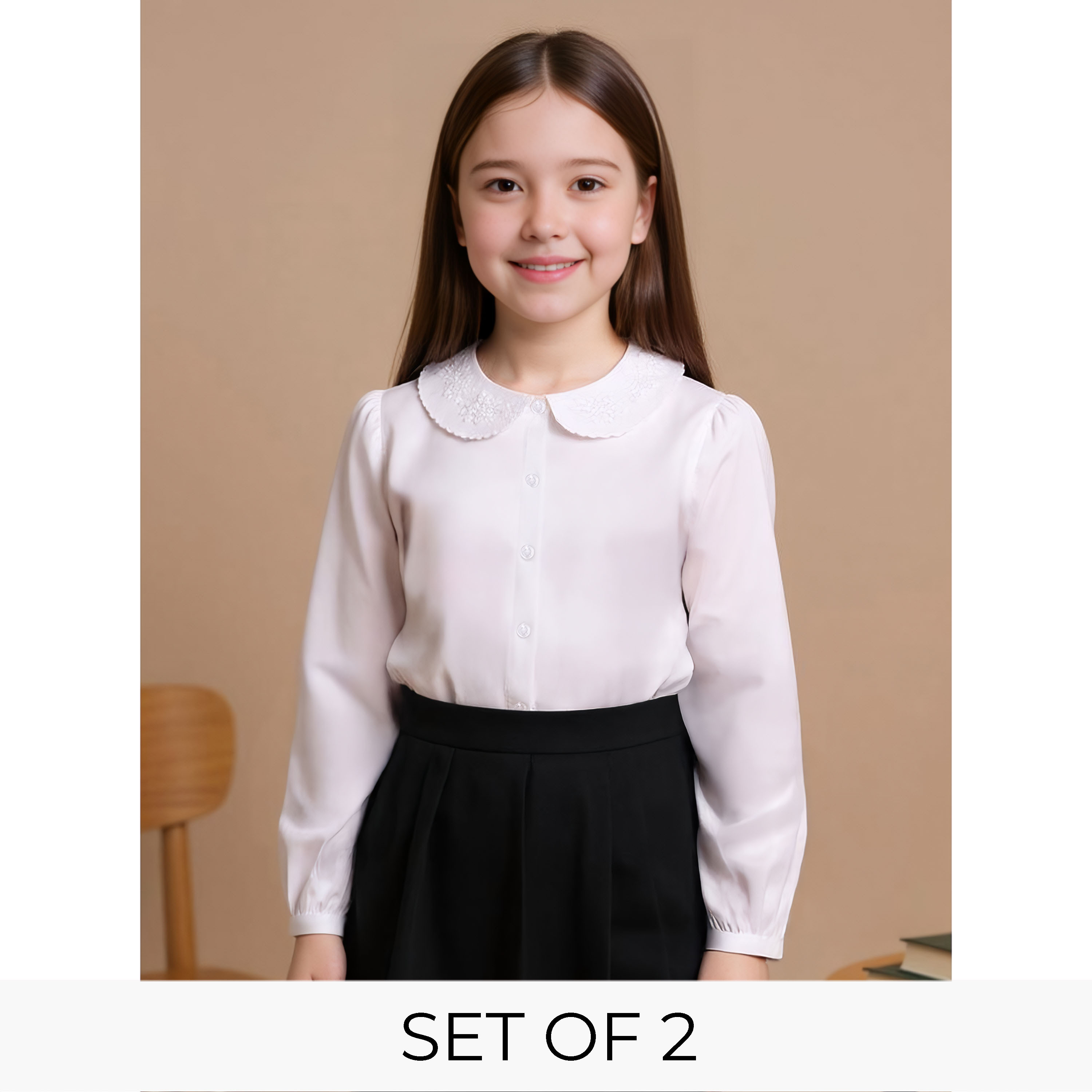 طقم قميص سادة من قطعتين بياقة بيتر بان مطرزة وأكمام طويلة من جونيورز-girls-clothing-blousesandshirts-image-1