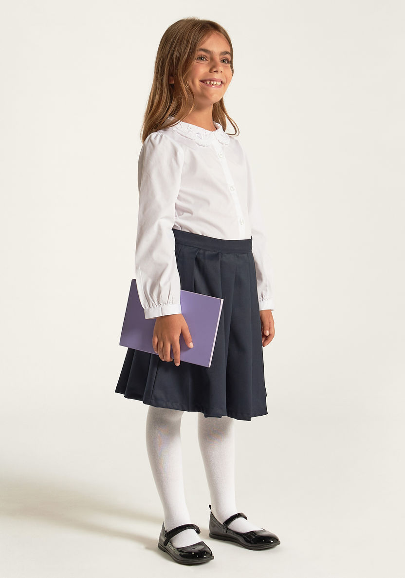 Juniors Solid Long Sleeves Shirt with Embroidered Peter Pan Collar-Tops-image-0