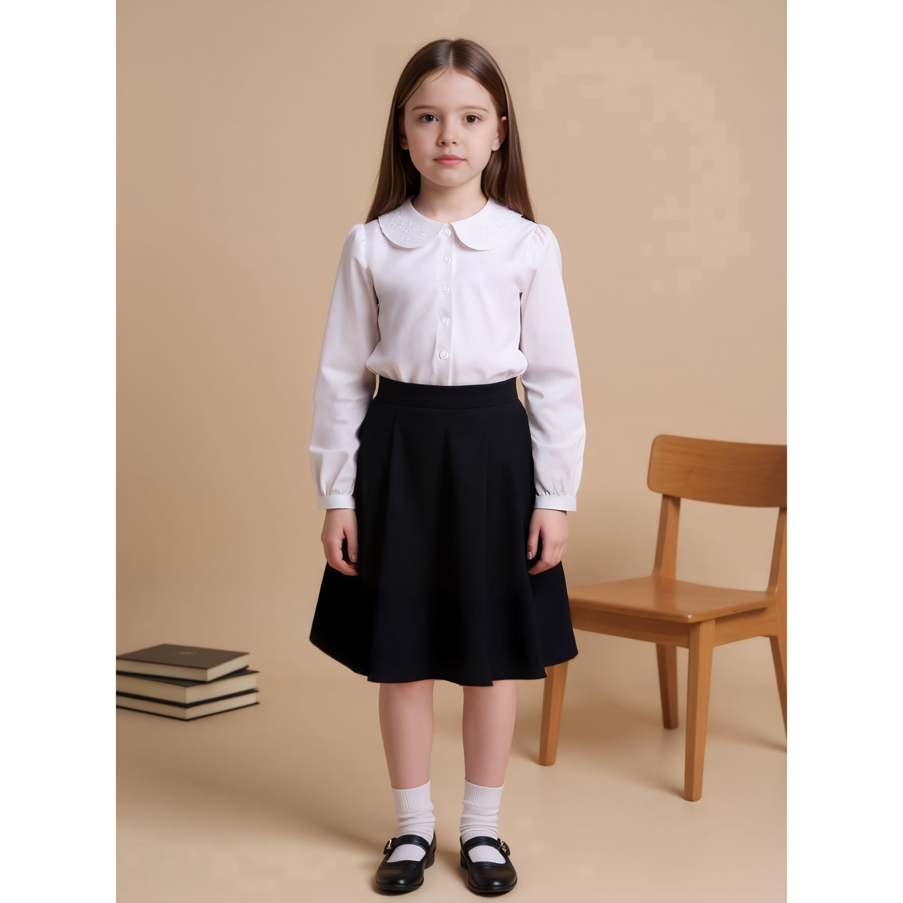 طقم قميص سادة من قطعتين بياقة بيتر بان مطرزة وأكمام طويلة من جونيورز-girls-clothing-blousesandshirts-image-2