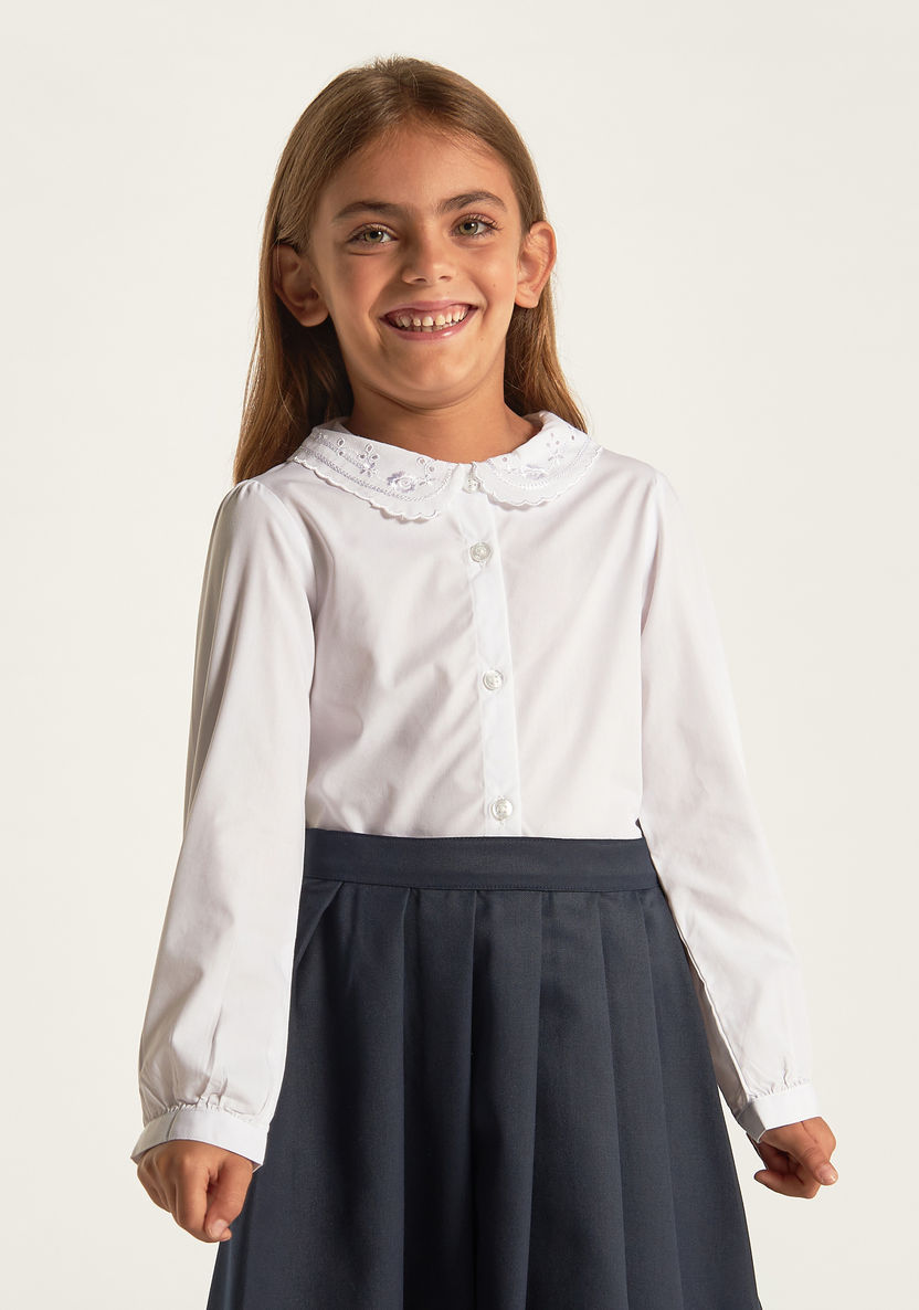 Juniors Solid Long Sleeves Shirt with Embroidered Peter Pan Collar-Tops-image-1