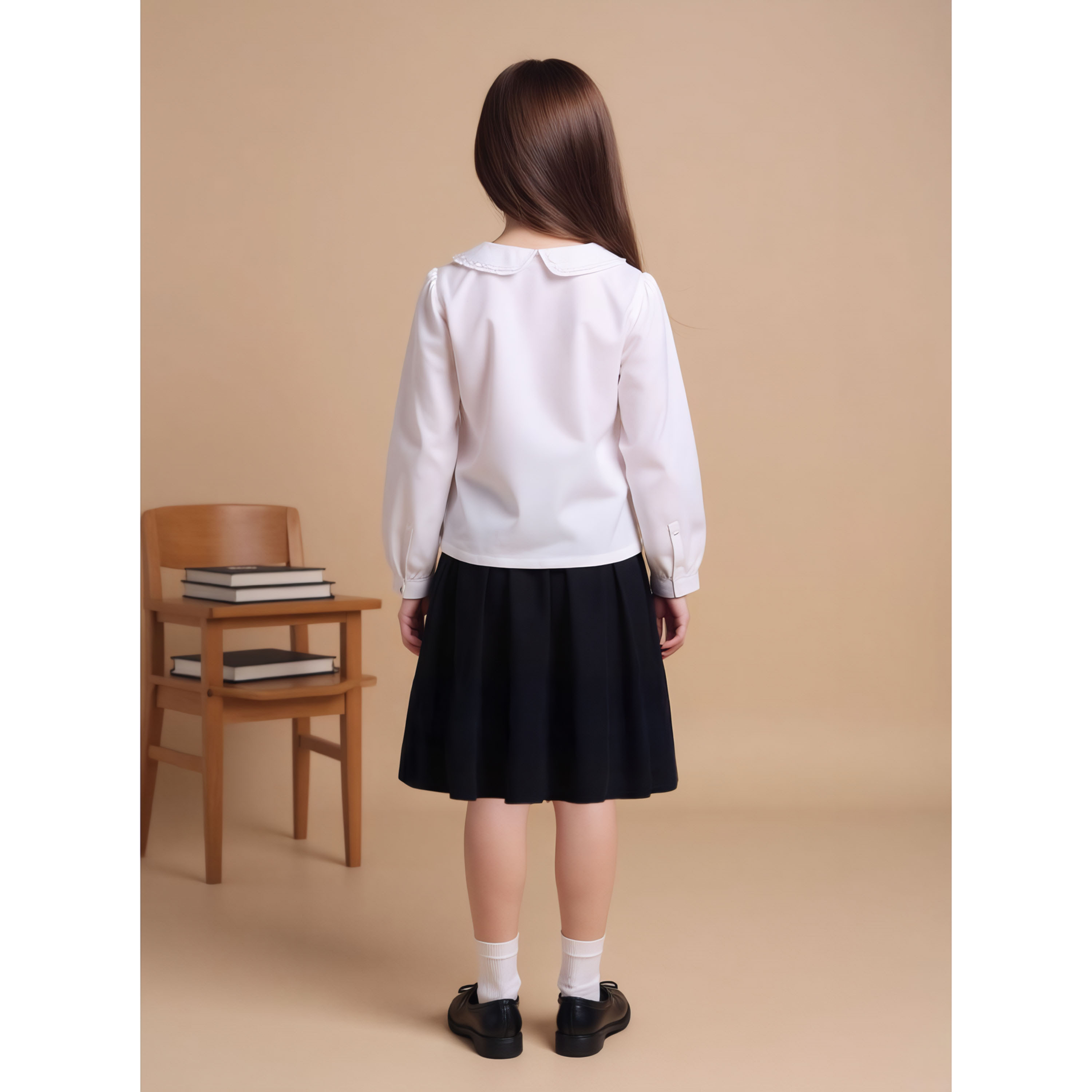 طقم قميص سادة من قطعتين بياقة بيتر بان مطرزة وأكمام طويلة من جونيورز-girls-clothing-blousesandshirts-image-3