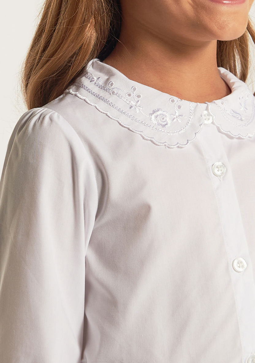 Juniors Solid Long Sleeves Shirt with Embroidered Peter Pan Collar-Tops-image-2