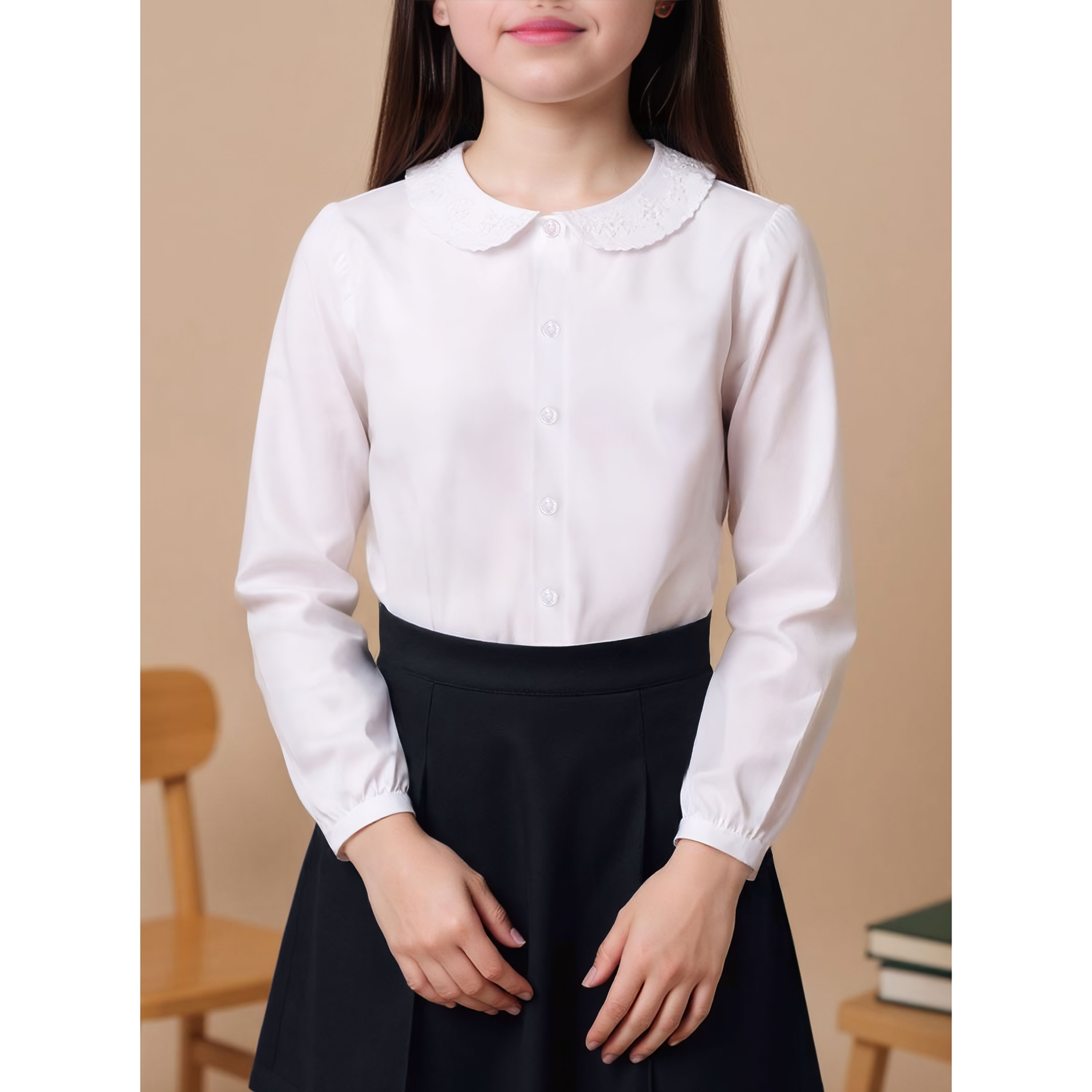 طقم قميص سادة من قطعتين بياقة بيتر بان مطرزة وأكمام طويلة من جونيورز-girls-clothing-blousesandshirts-image-4
