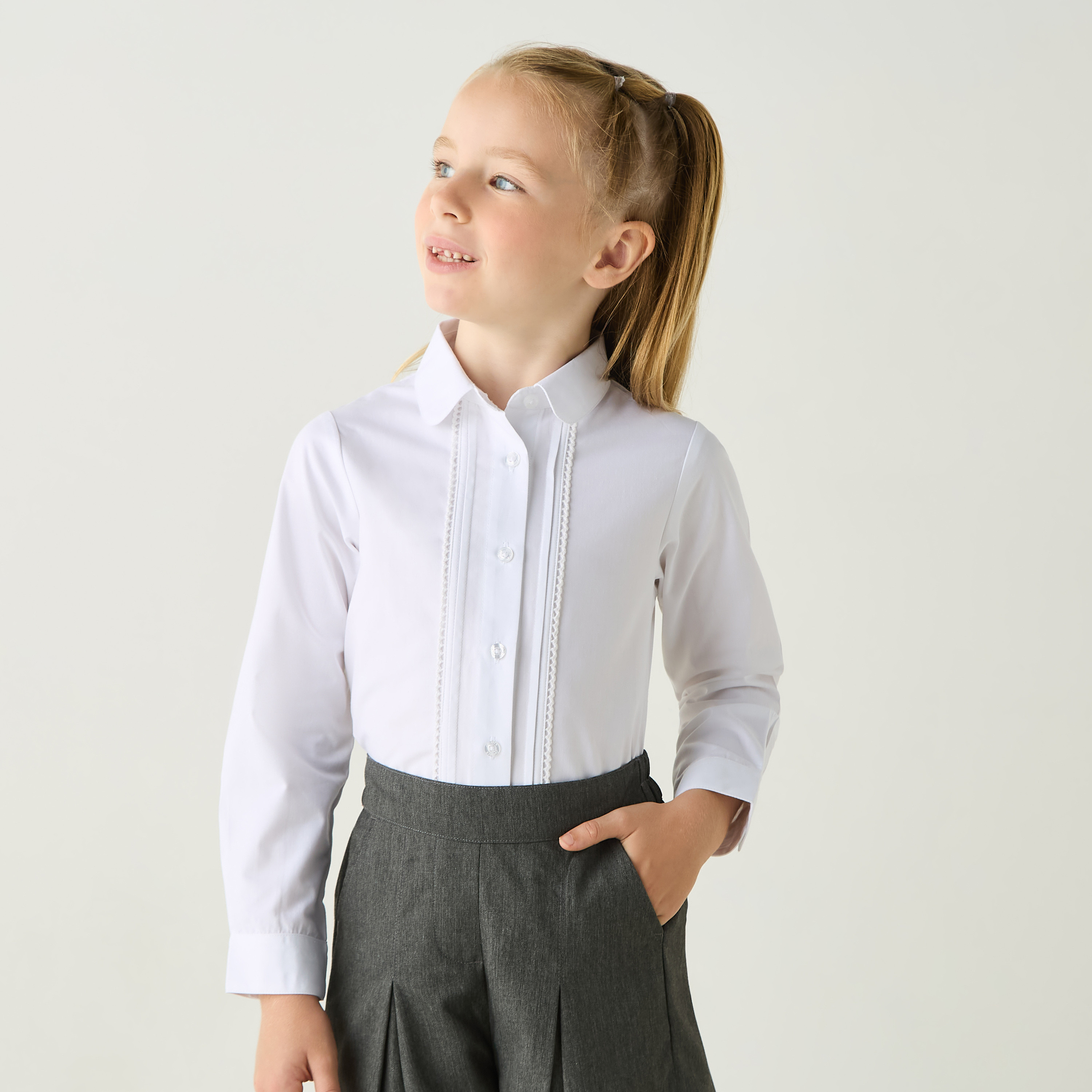 Juniors Solid Lace Detail Shirt with Peter Pan Collar and Long Sleeves-girls-clothing-schoolwear-blousesandshirts-image-1